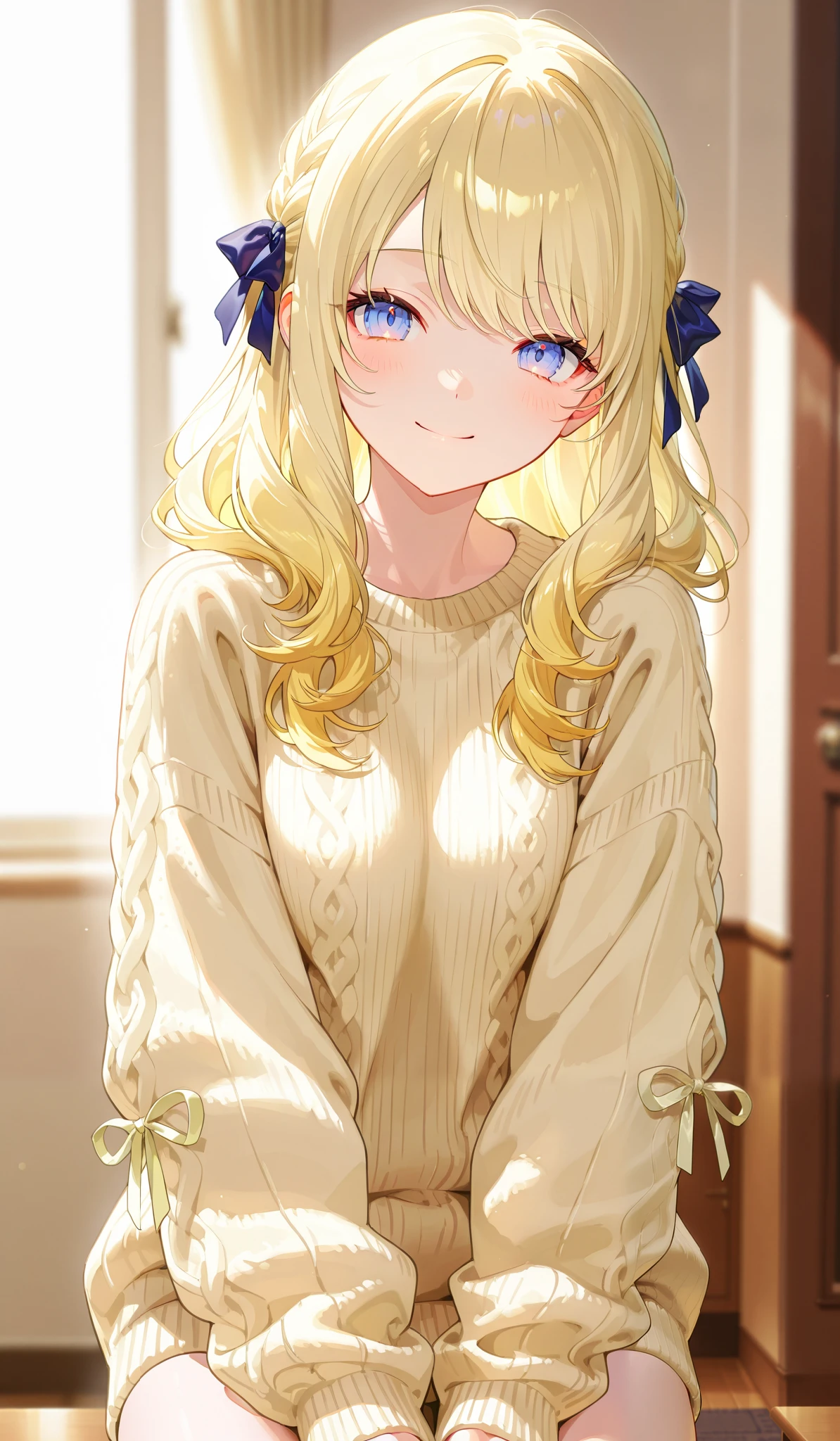 One person、 wave hair、 frill、ribbon、 sweater、 smile、 watching here、 Masterpiece、 top quality、 blurry background indoors、 depth of field、 natural light、 Soft Lighting 、 detail hair