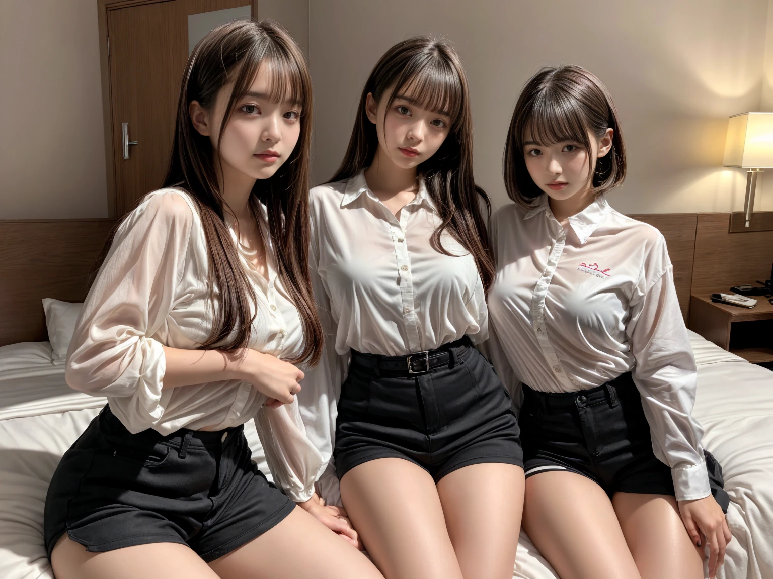 absurdres, RAW photo, extremely delicate and beautiful, masterpiece, Best Quality, ultra high resolution, 32k, hyperrealistic, ultra-detailed, Very detailed CG 8k wallpaper, Beautiful Lighting, Perfect Lightning, Realistic Shadows, perfect anatomy, super Detailed skin, late 20s, very Slim body, narrow waist, very small head, handsome detailed woman, very detailed eyes and face, realistic face proportions, Stunning detailed eyes, Realistic beautiful face, very small face, Realistic small beautiful eyes, tearful mole, earring, beautiful and very thin legs, beautiful and very thin thighs, (very huge round breasts:1.4), medium hair, wavy hair, black hair, (full body shot:1.5), (3 girls:1.3), (white shirt:1.2), brown skirt,
