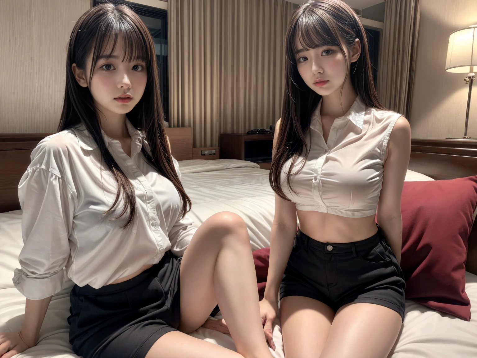 ((super high quality、High resolution、masterpiece、 Anatomically correct、Super detailed photos、Ultra-realistic photos、 Highest quality))、(2girls)、looking at viewer、focus big hip、(cowboy shot)、(office lady uniform:1.2)、((from behind))、((Huge ass))、Small waist、Large Breasts、Detailed face、Perfect figure、Black Hair、Medium Hair、((Office Lady))、(leaning forward:1.3)、Woman with buttocks close、Empty office room