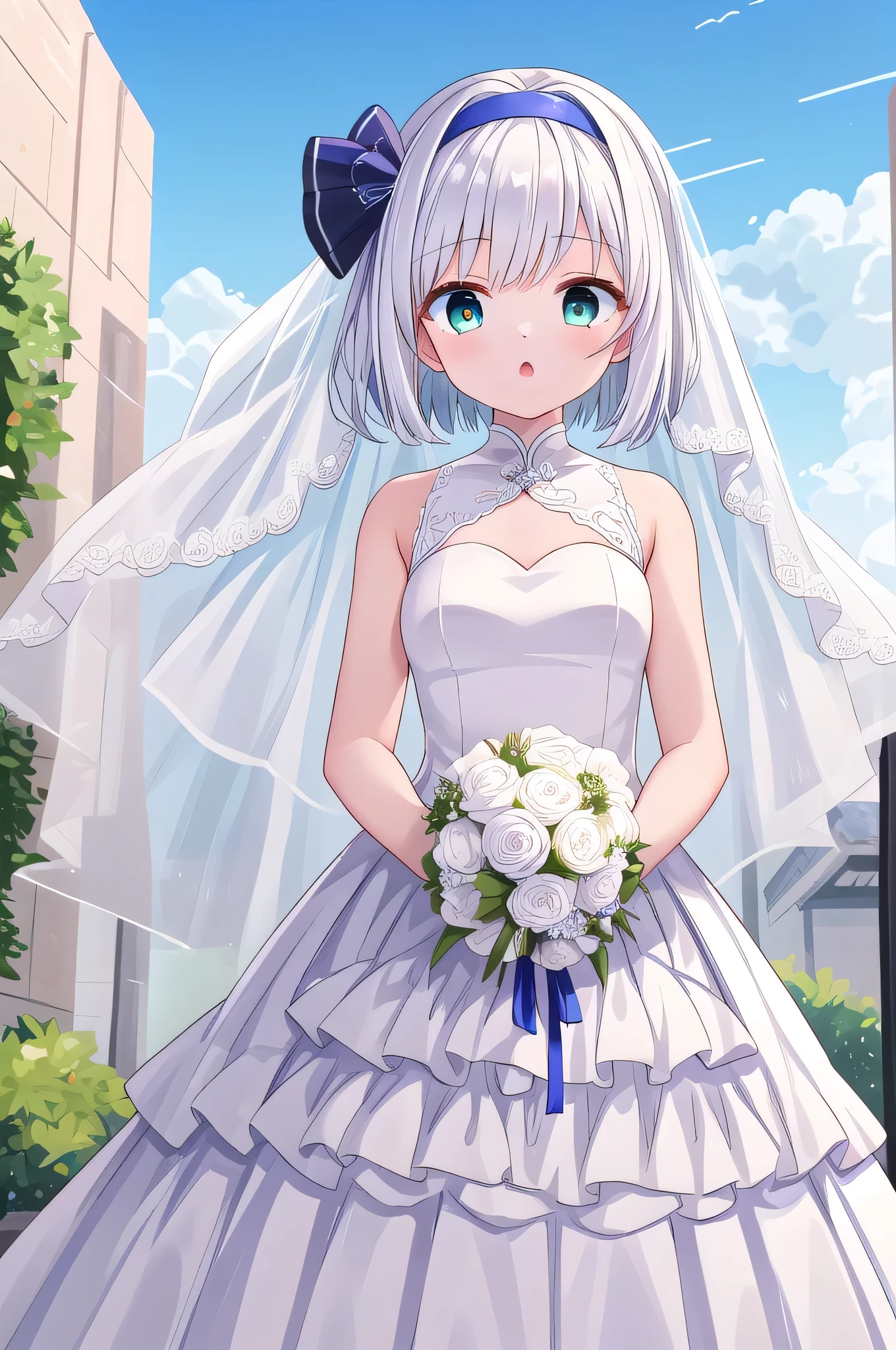 masterpiece, best quality, good quality, newest, 1girl , white hair , green eye , short hair , Conclusion , Costume( Wedding Dress)、background(Sky Full of Blue )、