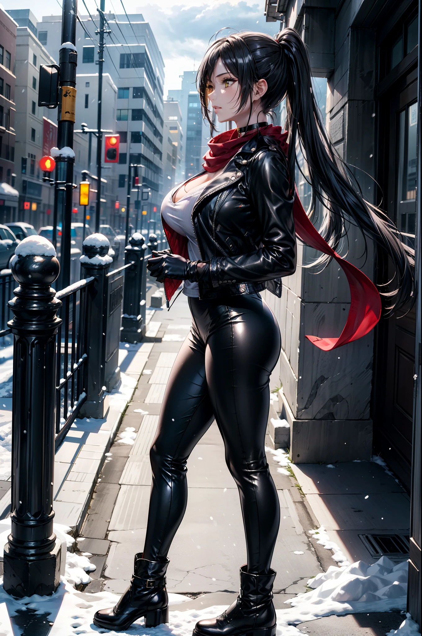 (Yaedef :1.4), 8K, highres, ultra detailed, (obra maestra:1.4), (( perfect hands)), best quality photo, Sakuya Shirase, symmetrical body, sensual lips, pechos perfectos , Big breasts , slender legs , badass anime girl , bright clothes, beautiful, Alone, of foot, Tender Pose, Seen from the side, profile view , tender look, long ponytail black hair, detailed face , detailed eyes , amber yellow eyes , choker :1.6, ((red scarf)), choker : 1.6, (( Black leather jacket )), ((( shiny black leggings))), ((shiny black gloves )), ( black leather boots ), ((calle con snow)), city, (cloudy), Snowing, snow