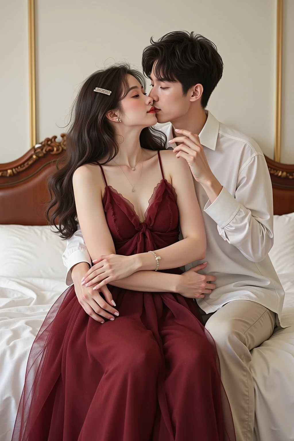couple,1 girl,1 boy,different hair colors,long golden hair,Turtleneck and lace lingerie,silk socks。short black hair,wavy and(green eyes),Lace T-shirts and underwear,different heights,eyes with details,Face,hand。they look at the audience。they hug。flowers(清晰的hand指:2.0)