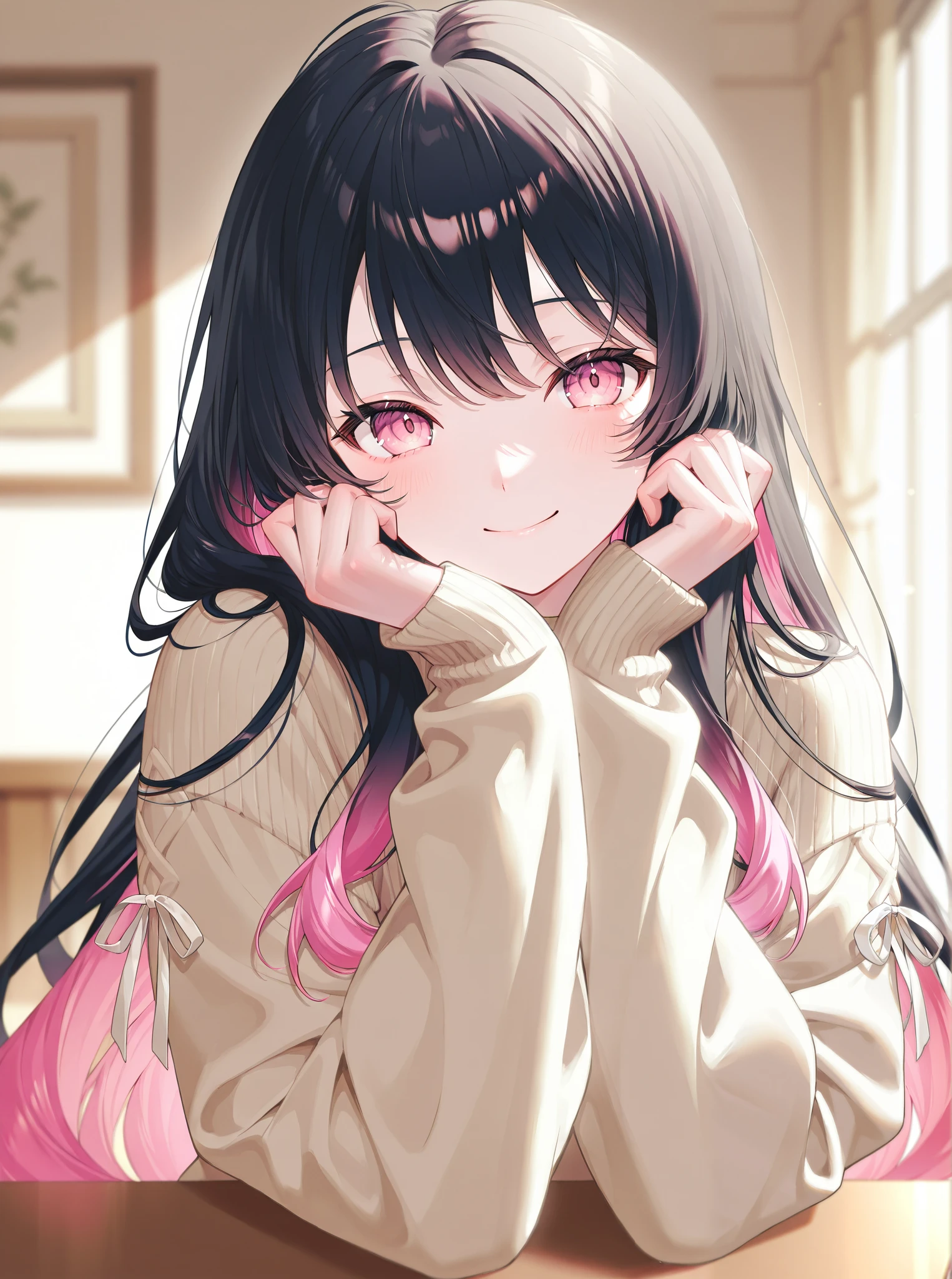 One person、 black hair、pink inner color hair、 pink eyes、 wave hair、 long hair、 frill、ribbon、 sweater、 smile、 watching here、 Masterpiece、 top quality、 blurry background indoors、 depth of field、 natural light、 Soft Lighting 、 detail hair