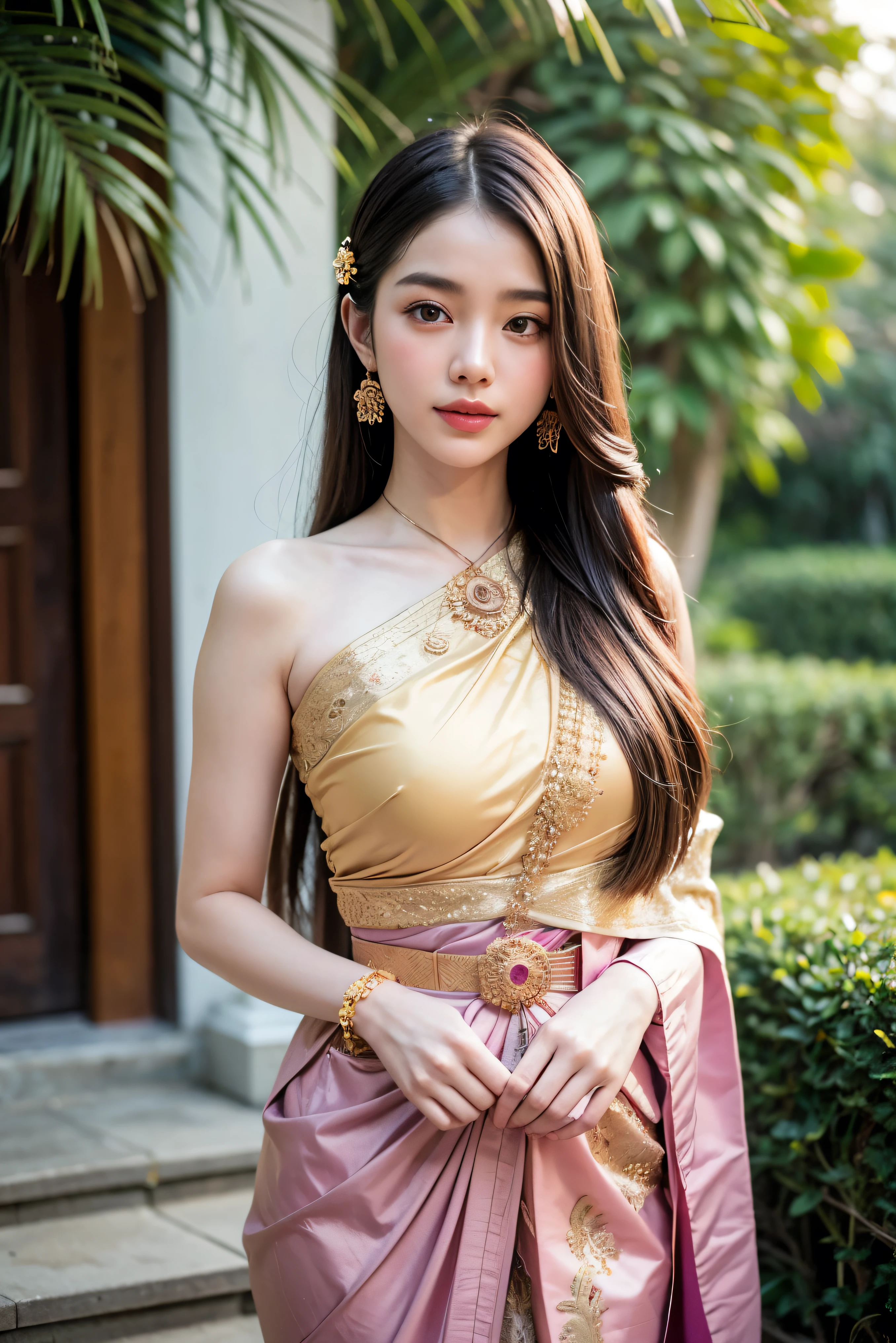 8K, ultra high detailed, an thai girl, cute face, happy, long hair, impressive hairstyle, detailed eyes, detailed lips, thai clothes, saree, golden saree, lace, wearing jewellery, nature background, flowers, afternoon, shadow, clear weather, whole body capture,nsfw