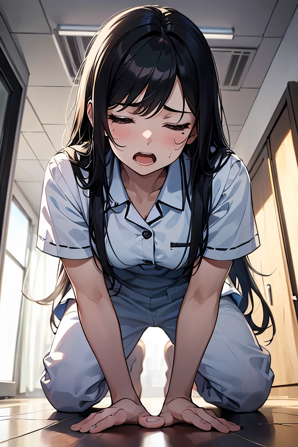 (best quality,4k,high resolution,masterpiece:1.2),A back of maid and A -yeld gi A 14-year-o gifalls a hospital halfway, kneeling down on the floor of the halfway, looking down,  a photorealistic cute girl with long black hair, wearing white pajamas, Europian face, noble face, a desparate look on her face with determination, painful face, cute face, tired, closed eyes, open mouth to shout for pain,  full body portrait.