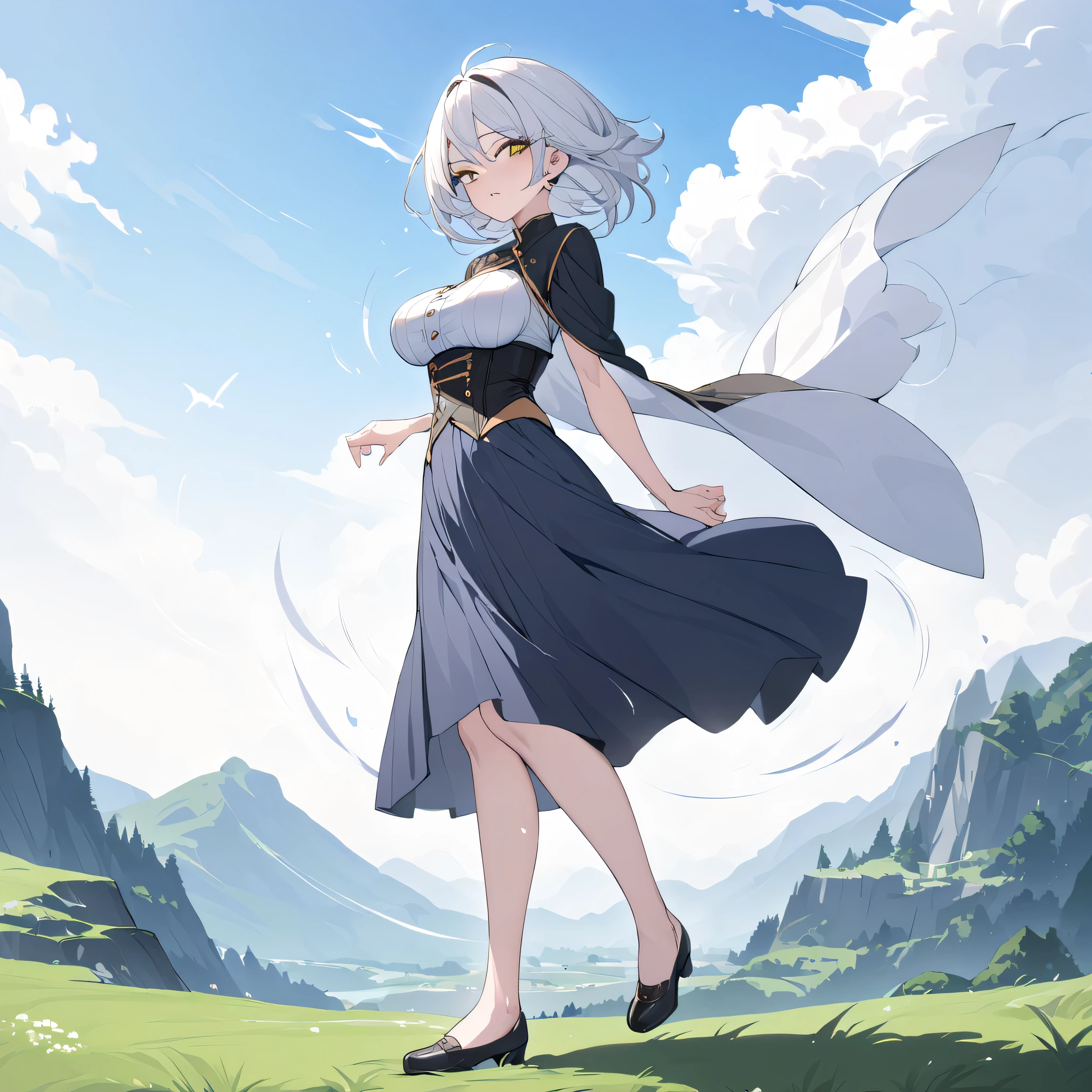 masterpiece, landscape, fantasy, (pythoness), BREAK, solo, 1 skinny girl standing, arched back, (bouncing large breasts), tiptoe, pigeon toed, looking at viewer, BREAK, narrow shoulders, (large breasts), (too short torso), (too short waist), too narrow waist, very small stomach, skinny hip, skinny thighs, skinny legs, BREAK, (flapping long robe:1.2), (flapping long skirt cinches underbust)