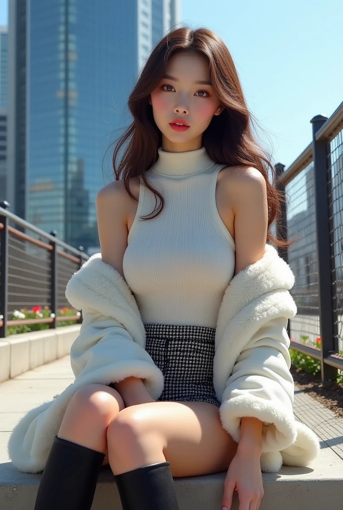 ((Realistic lighting, Best quality, 8K, Masterpiece: 1.3)), Clear focus: 1.2, 1girl, Perfect body beauty: 1.4, Slim abs: 1.1, ((dark brown hair)), (White dress: 1.4), (Outdoor, night: 1.1), City Street, Super Fine Face, Fine Eyes, Double Eyelids, (Over the knee black stockings: 1.5)