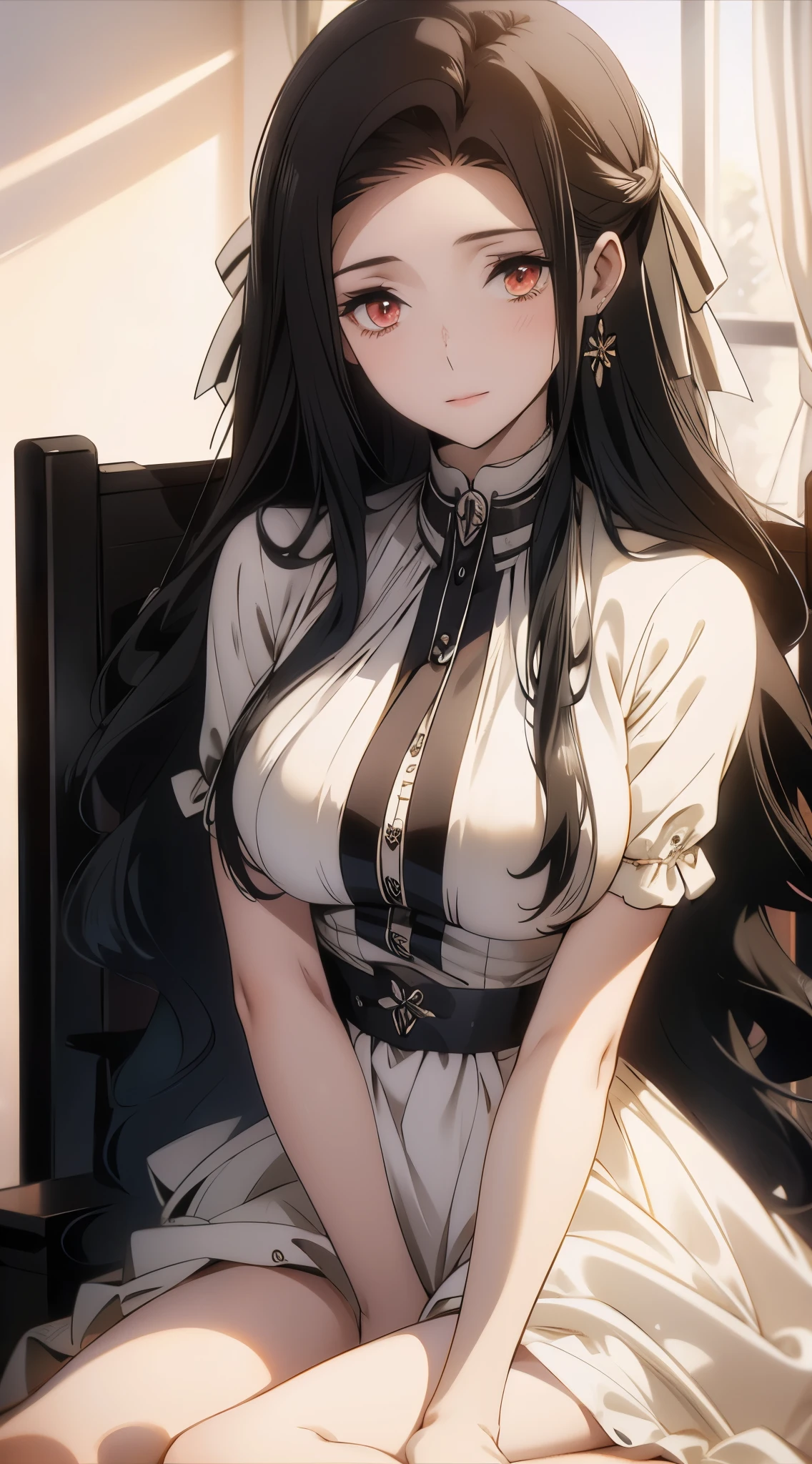 best quality, masterpiece, ultra-detailed, illustration, an extremely delicate and beautiful, beautiful detailed eyes, huge filesize, wallpaper, colorful, artbook, realistic, photo, real, day, indoor, bed, chair, curtain, adorable girl, queen, black hair, long hair, orange eyes, big breasts, shirt, black Long skirt, white silk stocking, high heels, smirk, looking at viewer, fetal position, head tilt, looking down((Pussy rubs the corner of the table))(((full camel toe)))