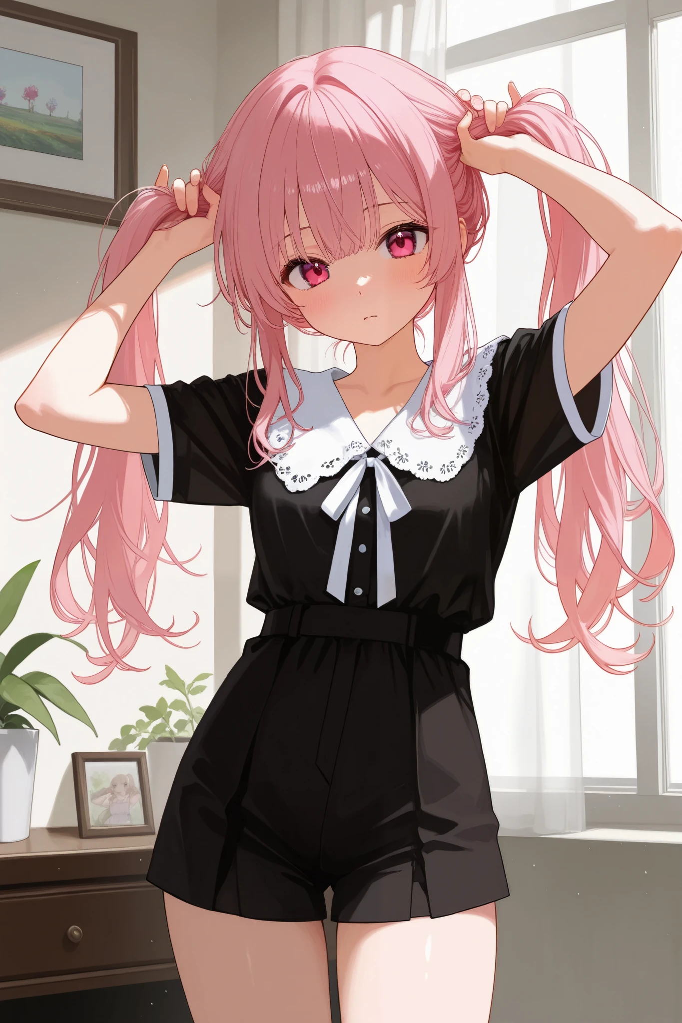 1girl, bunching hair,hands up, silky delicate hair,cowboy shot