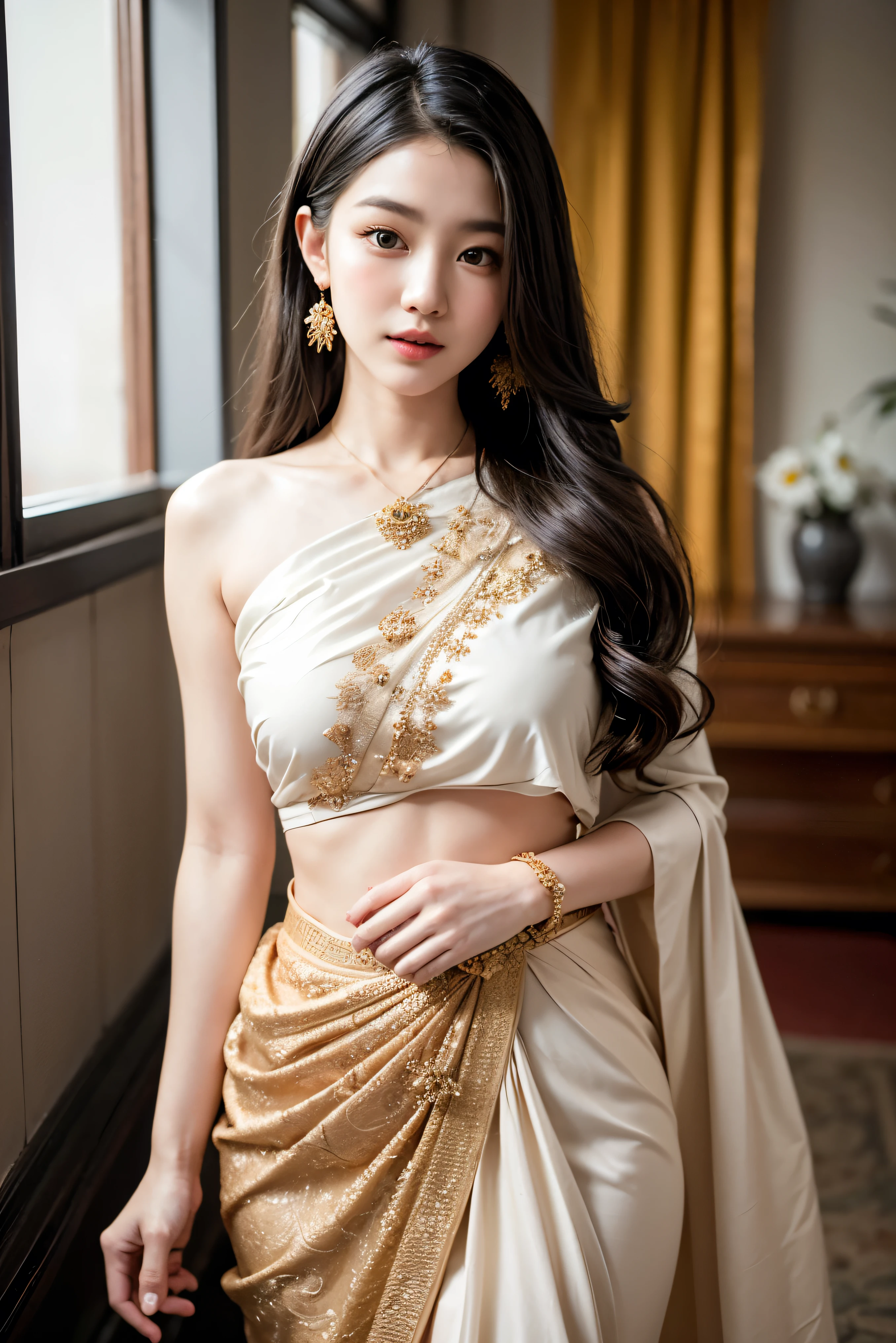 8K, ultra high detailed, an thai girl, cute face, happy, long hair, impressive hairstyle, detailed eyes, detailed lips, thai clothes, saree, golden saree, lace, wearing jewellery, nature background, flowers, afternoon, shadow, clear weather, whole body capture,nsfw