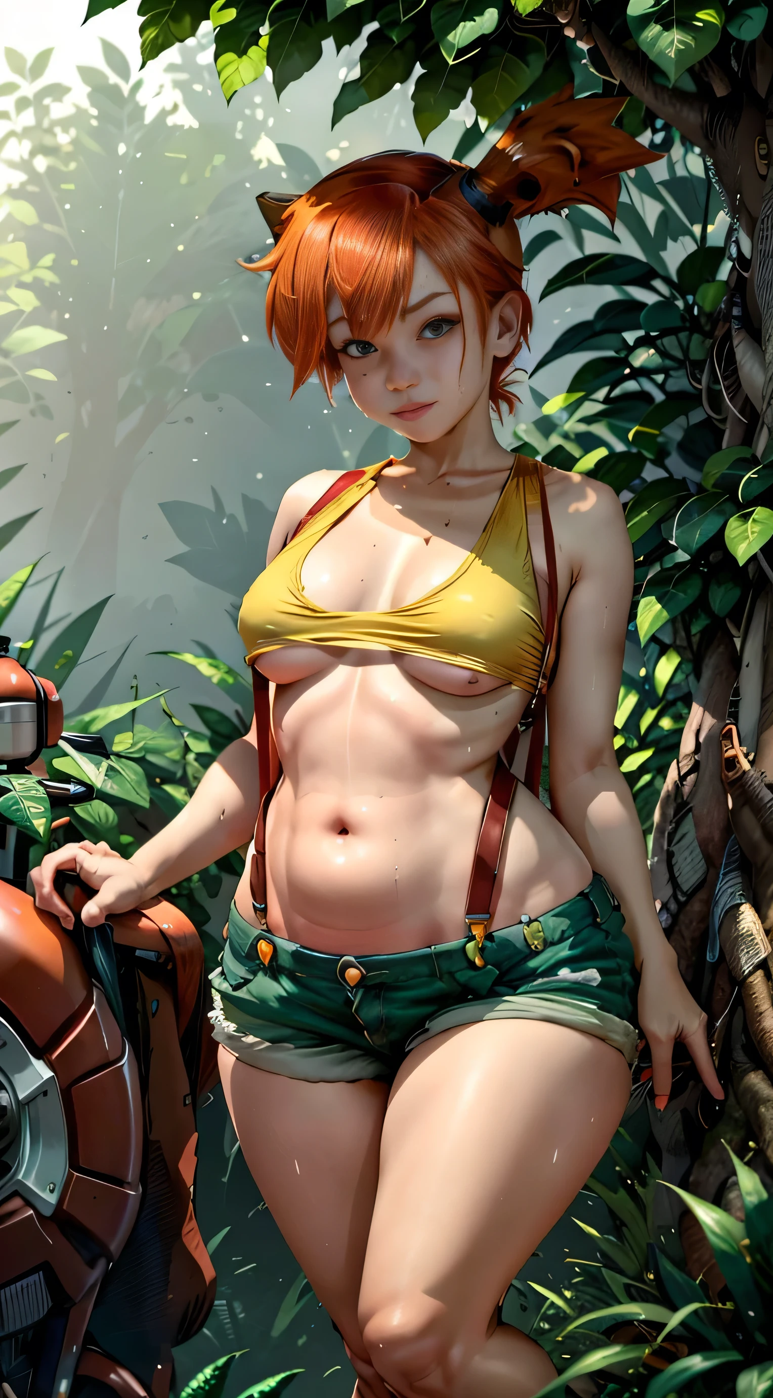 masterpiece, best quality, highres, 1girl, misty (pokemon), orange hair, solo, serious face look, full of sweatsshorts, suspenders , side ponytail, orange hair, nude, naked boobs with small nipples, navel, short hair, denim, denim shorts cowboy shot, on the beach, small nude breasts, Externally expanded Chest, hands hidden behind body