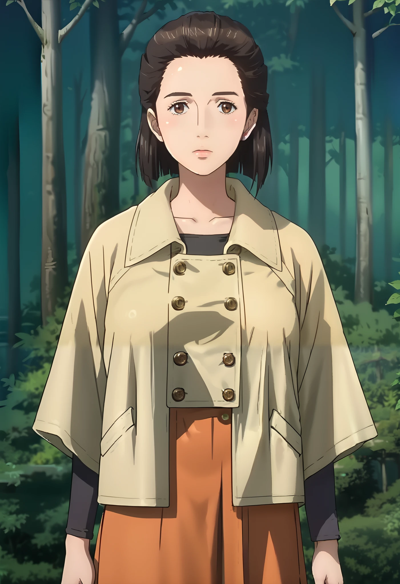 score_9, score_8_up, score_7_up, score_6_up, score_5_up, 1girl, Nobuko Izumi, brown eyes, brown hair, yellow coat, orange skirt, pantyhose, big eyes, sexy, female focus, fantasy, expressive, skindentation, 1female, masterpiece, 32K HD, beautiful attention to detail, detailed eyes, shiny skin, showing lots of skin, wide lens, perfect hands, perfect eyes, 2d, anime, source_anime, anime screencap, anime coloring, flat shadows, flat colors, hentai, source_hentai, looking at viewer, expressionless, blush, zPDXL2, zPDXLxxx, mature content, nsfw, clothed female, uncensored, outdoors, cliff, pacific view, ocean view, trees besides, exit forest, knee out of frame, feet out of frame, cowboy shot, ultra huge breast, ultra huge tits, ultra huge cleavages, ultra huge boob, 