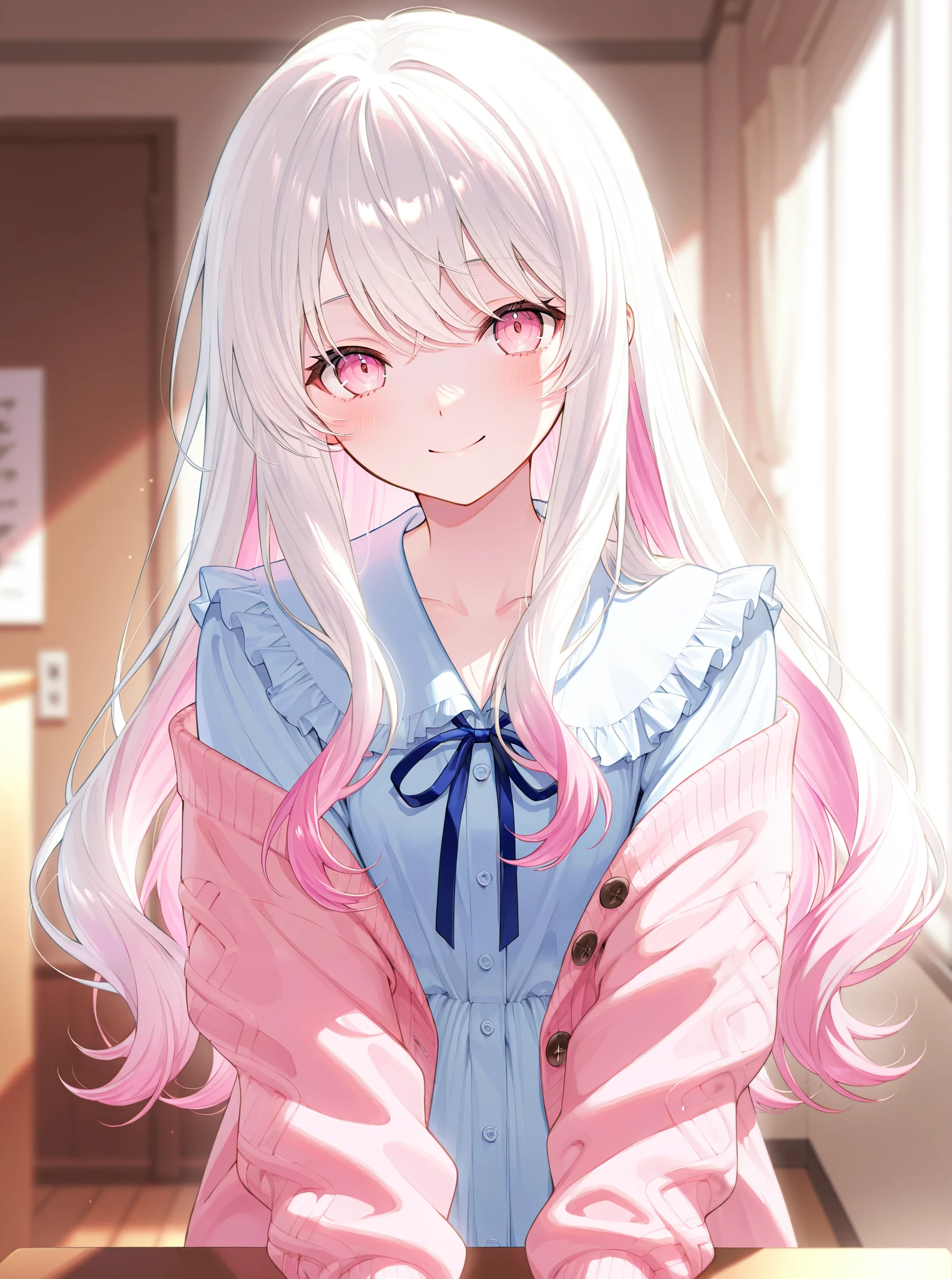 One person、 white hair、pink inner color hair、 pink eyes、 wave hair、 long hair、 frill、ribbon、 blouse、 Cardigan、 smile、 watching here、 Masterpiece、 top quality、 blurry background indoors、 depth of field、 natural light、 Soft Lighting 、 detail hair