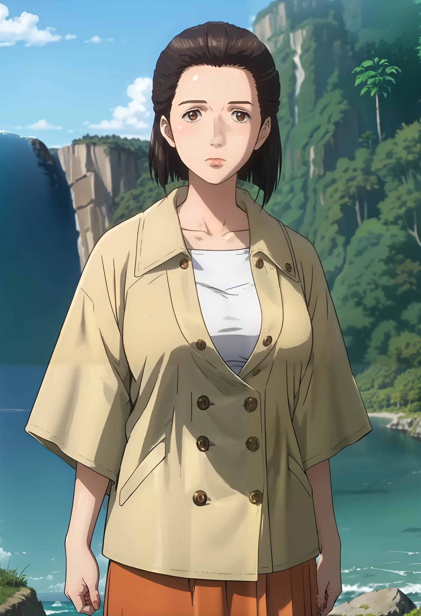 score_9, score_8_up, score_7_up, score_6_up, score_5_up, 1girl, Nobuko Izumi, brown eyes, brown hair, yellow coat, orange skirt, pantyhose, big eyes, sexy, female focus, fantasy, expressive, skindentation, 1female, masterpiece, 32K HD, beautiful attention to detail, detailed eyes, shiny skin, showing lots of skin, wide lens, perfect hands, perfect eyes, 2d, anime, source_anime, anime screencap, anime coloring, flat shadows, flat colors, hentai, source_hentai, looking at viewer, expressionless, blush, zPDXL2, zPDXLxxx, mature content, nsfw, clothed female, uncensored, outdoors, cliff, pacific view, ocean view, trees besides, exit forest, knee out of frame, feet out of frame, cowboy shot, ultra huge breast, ultra huge tits, ultra huge cleavages, ultra huge boob,