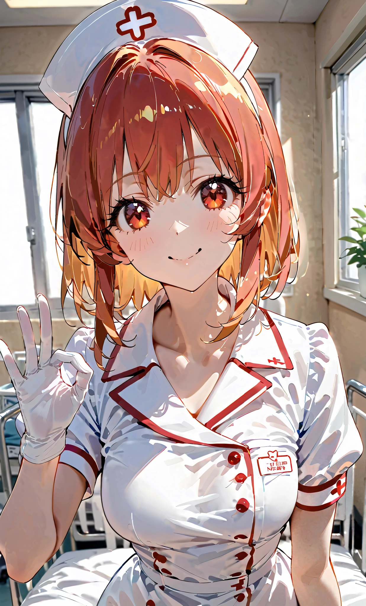 Girl making a handjob gesture, from the chest up, eye cutlet, red eyes, blonde, Ichigo Hoshimiya, RED_HAIR_Band masterpiece, highest quality, ultra-fine, ultra-fine skin, extremely delicate and beautiful, detailed and beautiful eyes, solo, nurse, ((white nurse cap, white nurse uniform)), ((handjob gesture)), white gloves, smile, hospital room, sharp outline, short sleeves, highest quality, masterpiece