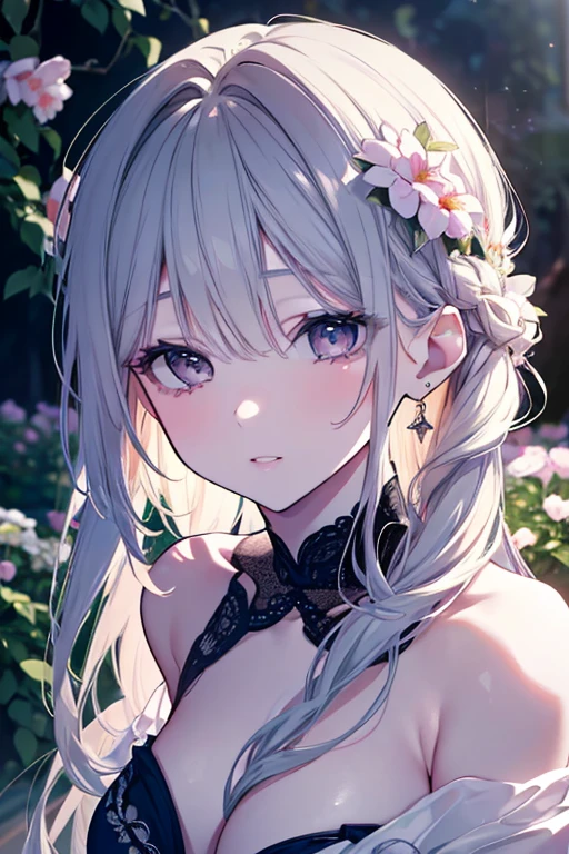 realistic, 1girl, white hair, purple eyes, glowing eyes, short dress, parted lips, blush, night, flowers, sun, sunlight,