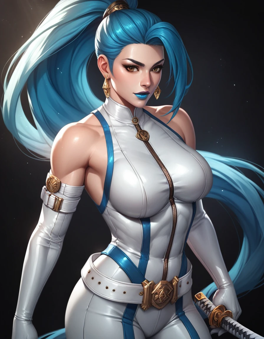 (navel cutout), navel exposed, Generate an illustration of a mature Clair, gym leader of pokemon,  ponytail, holding a poke all,  de terno preto, long hair, hair flows straight down, darkblue hair, (gigantic breasts:1.4), blue outfit in anime format with a serious style, (black cape), blue tights, blue boots, gothic make up, masterpiece, ((dark lighting)), black background, puffy lips,((slendered abs)), beautiful face,