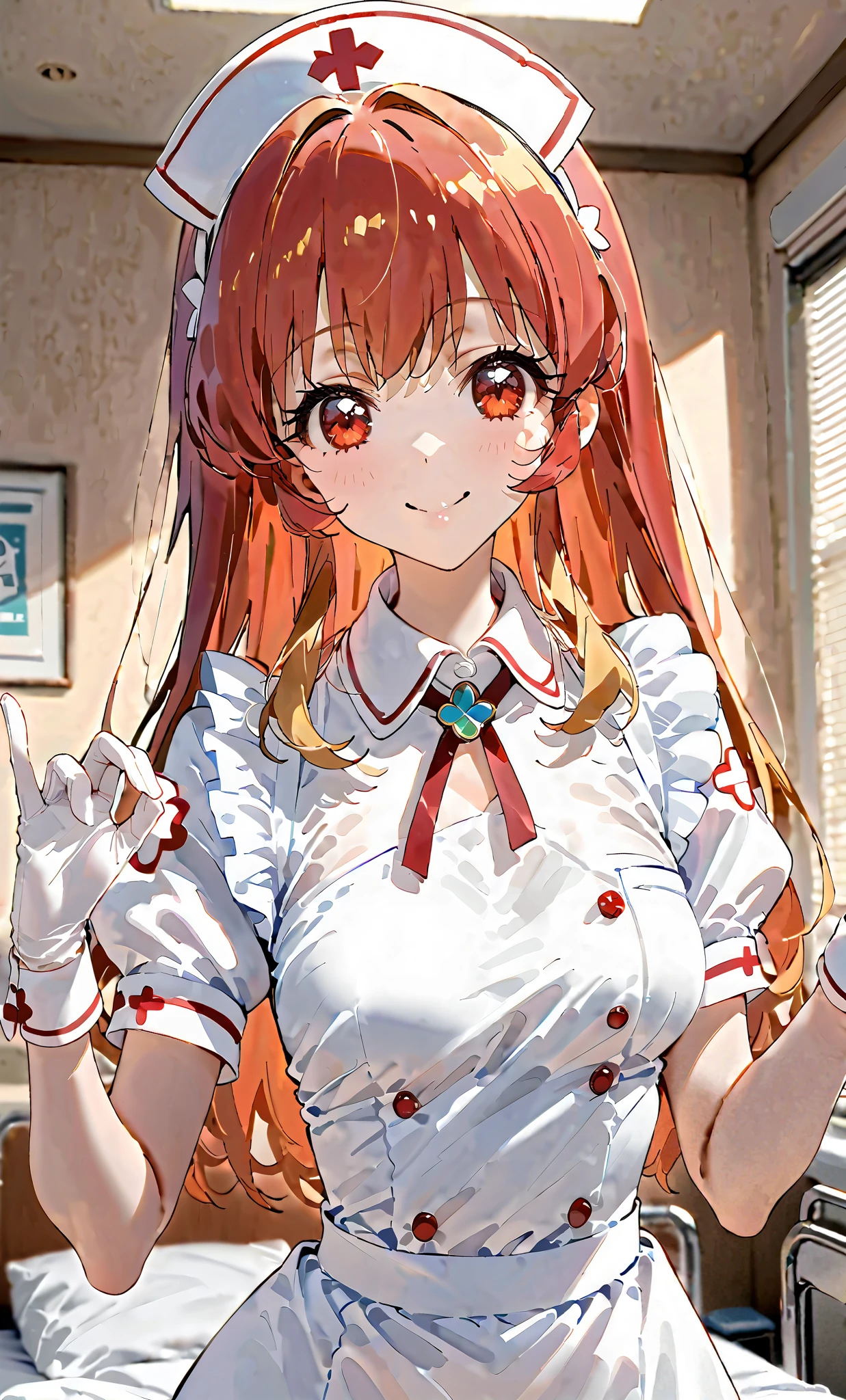 Girl making a handjob gesture, from the chest up, eye cutlet, red eyes, blonde, Ichigo Hoshimiya, RED_HAIR_Band masterpiece, highest quality, ultra-fine, ultra-fine skin, extremely delicate and beautiful, detailed and beautiful eyes, solo, nurse, ((white nurse cap, white nurse uniform)), ((handjob gesture)), white gloves, smile, hospital room, sharp outline, short sleeves, highest quality, masterpiece