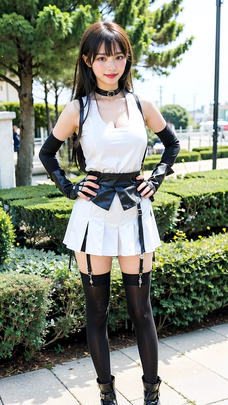 (8k、RAW Photos、Highest quality、masterpiece:1.2)、(Realistic、Realistic)、1 person、((black and white、Medium Hair、Cleavage、tights、Gloves、Garter Ring、mini skirt、Thin legs、whole body、boots、View from the front、Looking into the camera、Night Park、Stand with hands on hips))、cute