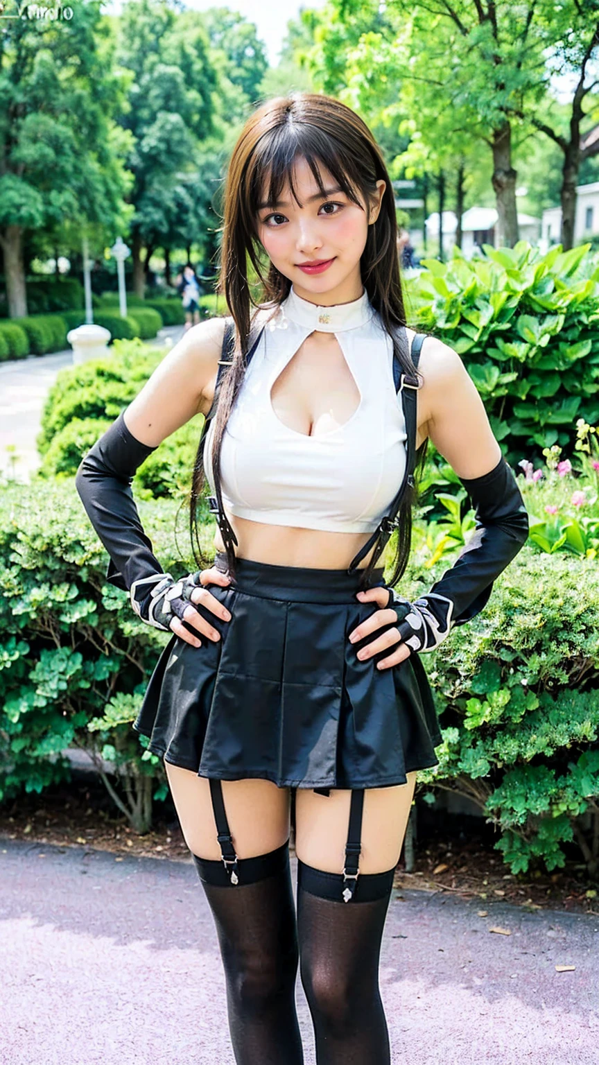 (8k、RAW Photos、Highest quality、masterpiece:1.2)、(Realistic、Realistic)、1 person、((black and white、Cleavage、Twin tails、tights、Gloves、Garter Ring、mini skirt、Thin legs、whole body、boots、View from the front、Looking into the camera、Night Park、Stand with hands on hips))、cute