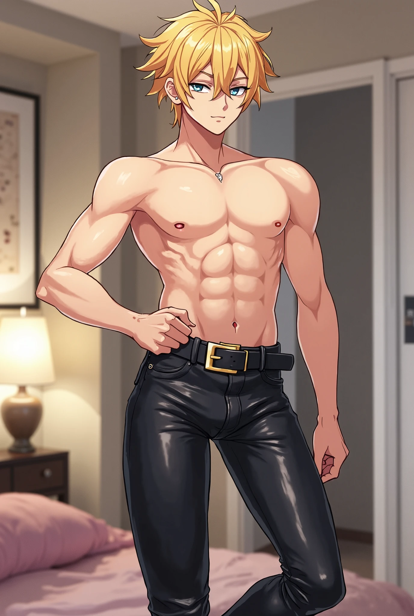 masterpiece, Highest quality, beautiful boy anime face, sweet, 19 old a boy, gay anime hentai, tall boy, no underwear, bedroom alone, sexy pose, blushing and smile face, shirtless body, short hair, black eyes, leather shorts, want sex, prostitute boy, full body, crotch emphasis, crotch touching