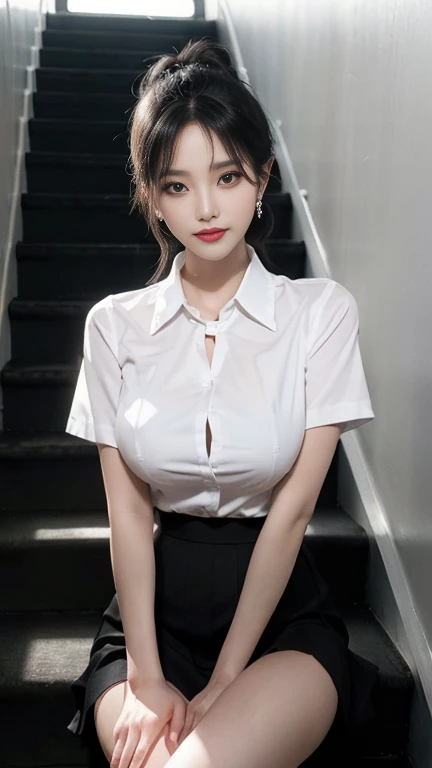 top-quality、超A high resolution、model shoot tyle、(the Extremely Detailed CG Unity 8K Wallpapers),white button collar shirt, short skirt, big breasts, Biggers breasts, very huge breast, Breast rep tightly,