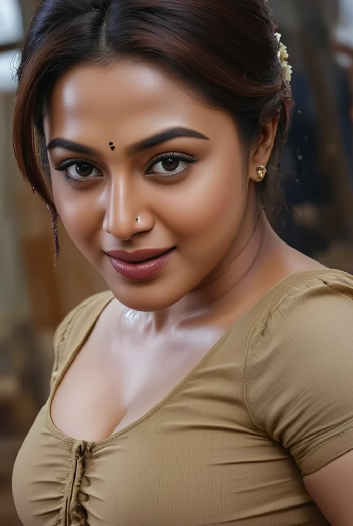 selfie, close up photo of 30 years old vidya balan, hourglass figure, swooping breasts, deep cleavage, curvy, armpits, seductive eyes, look at viewer lusciously, subtle smile, lying on bathtub, orange strapless long dress, necklace, red lips, sultry, ponytail, 4K, HD