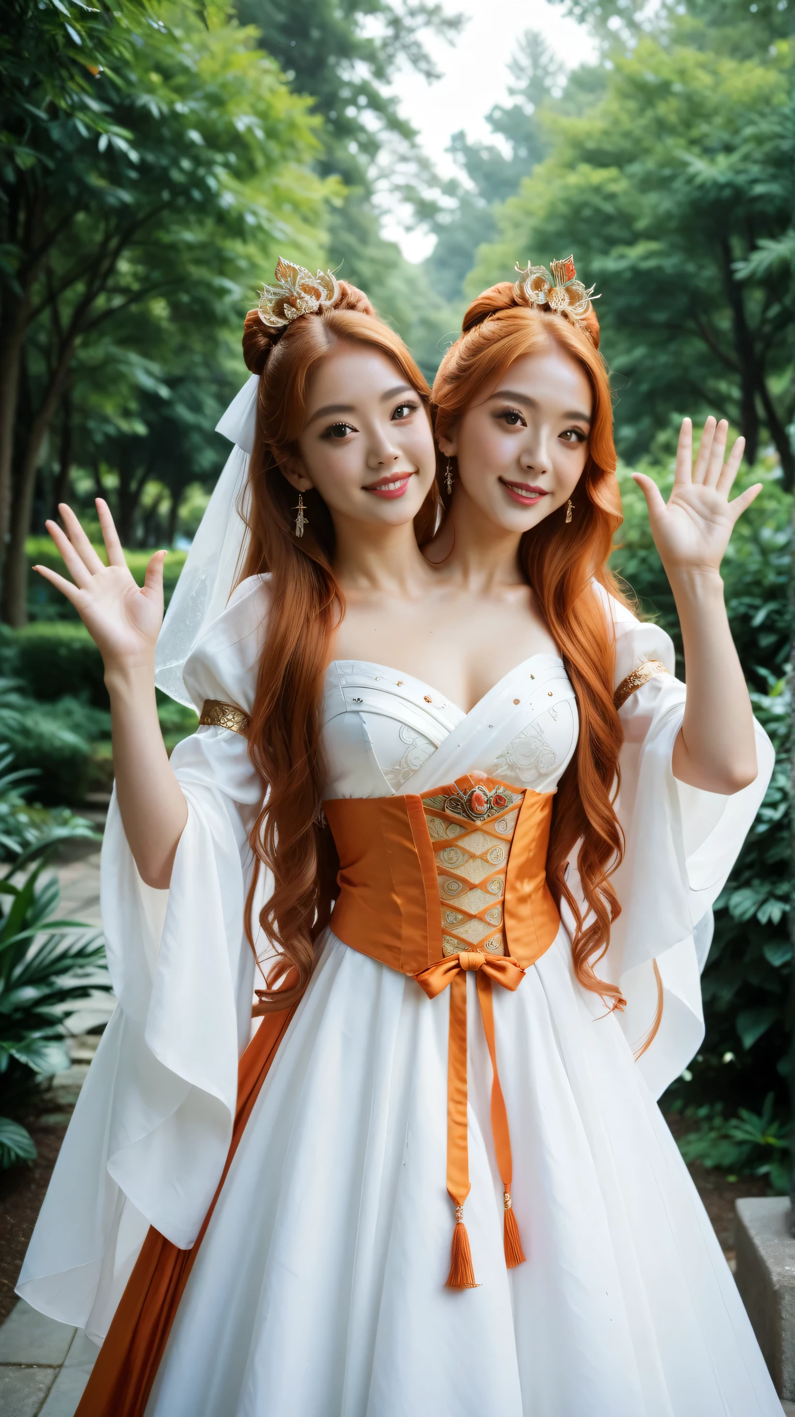 front top view , Filipina-Japanese, two heads sharing a body, they have very long hair, wearing long flowing white mythical dress from immortals, dress with ribbons and shawls goddess like, realistic, looking at the viewer, myth like view background, see of trees, left hand at the waist and the right hand waving, medium built body. myth inspired with orange accents,