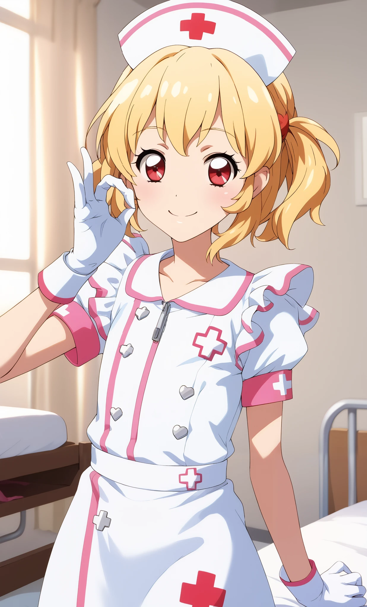 Girl making a handjob gesture, from the chest up, eye cutlet, red eyes, blonde, Ichigo Hoshimiya, RED_HAIR_Band masterpiece, highest quality, ultra-fine, ultra-fine skin, extremely delicate and beautiful, detailed and beautiful eyes, solo, nurse, ((white nurse cap, white nurse uniform)), ((handjob gesture)), white gloves, smile, hospital room, sharp outline, short sleeves, highest quality, masterpiece