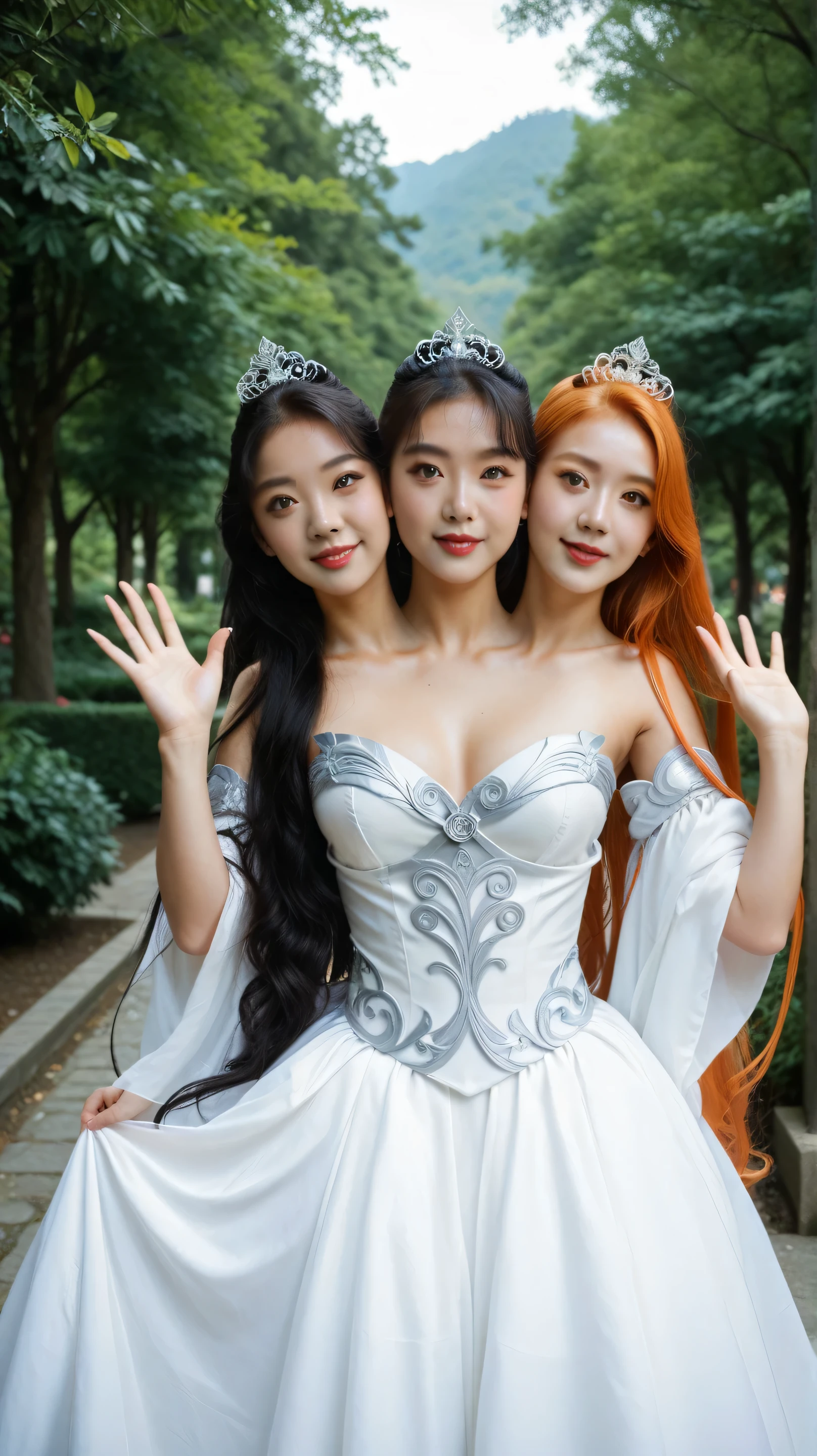 front top view , Filipina-Japanese, two heads sharing a body, they have very long hair, wearing long flowing white mythical dress from immortals, dress with ribbons and shawls goddess like, realistic, looking at the viewer, myth like view background, see of trees, left hand at the waist and the right hand waving, medium built body. myth inspired with orange accents, 