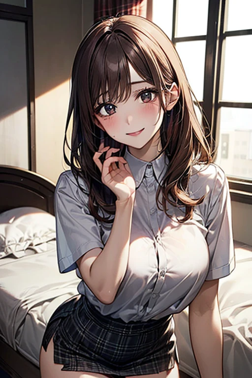 (highest resolution, distinct_image) The best quality, a woman, masterpiece, highly detailed, semi realistic, 21 years old, cute, young, beautiful, naked oversized t-shirt, shirt tug, collar on neck, indoors, modern bedroom, window, waking up, morning, blushing