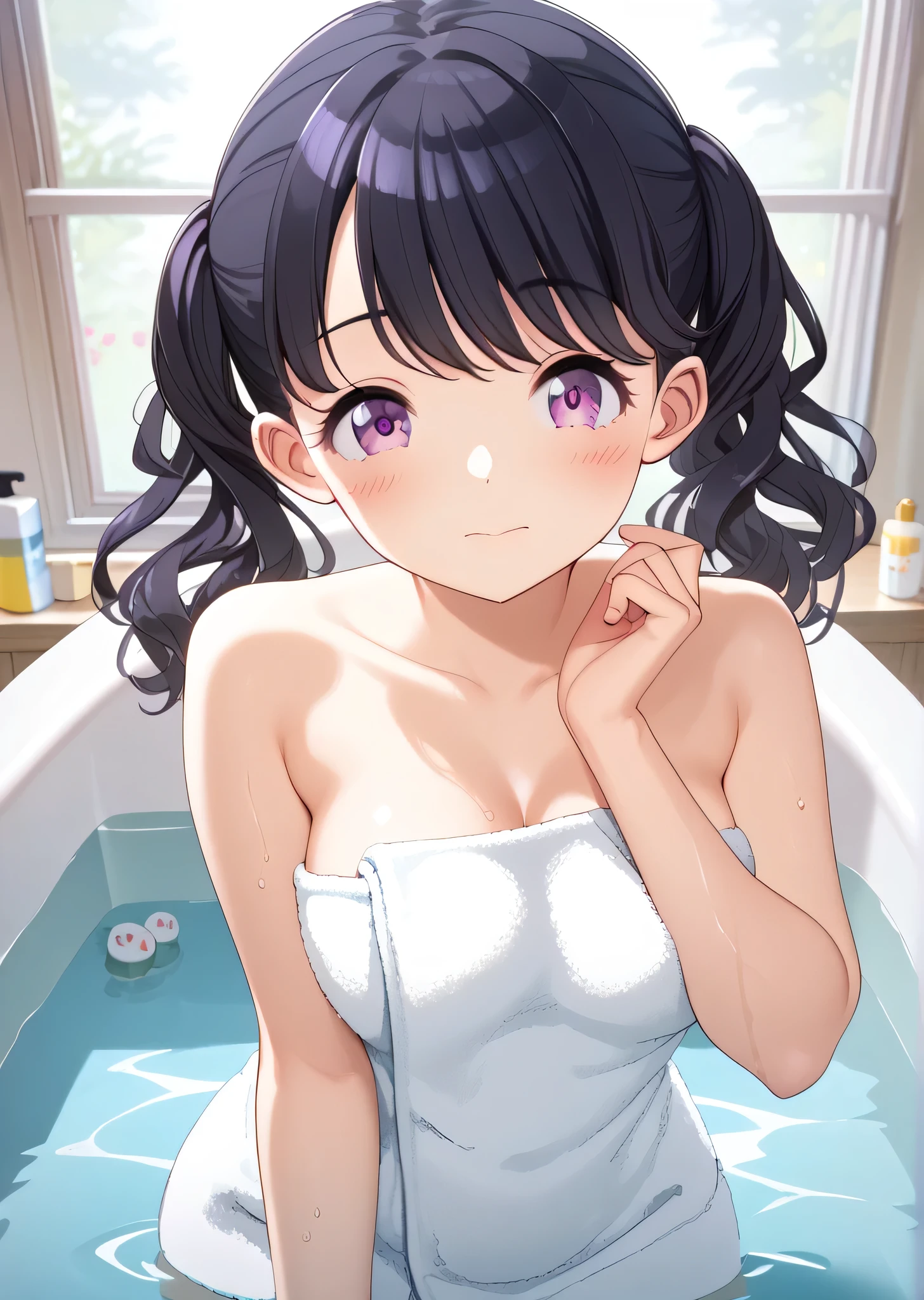 (((best quality))),(unparalleled masterpiece, side light, beautiful beautiful eyes: 1.2), ultra realistic 8k cg, perfect artwork, highly detailed, Mess, super high resolution, very super detailed,(((Fukumaru Koito))),((1 person)), alone,(((purple eyes,fine grain:1.1)),((( bath towel))),bangs, black hair, twintails,flower,medium hair, swept bangs,Perfect hands,rest,(((embarrassed,blush:1.3))),seductive pose,seductive pose,restingslender,hot,cute,perfectly symmetrical face,super cute girl,Super cute face,highly detailed eyes,super fine hair,super cute,very beautiful, bathroom,(((Beautiful breasts: 1.3)))