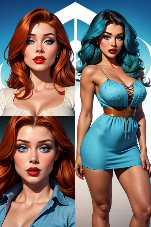 full body portrait, Supergirl 1980s \(style\), 1 anime girl, red hair, retro artstyle, short curly hair, solo, red dress, red shoes, unbutton_shirt, (natural_breasts:1.2), medium_breasts, cleavage, white bra showing, lace white bra, full body shot, model pose, shoes visible, ass view, face view, multiple viwes,