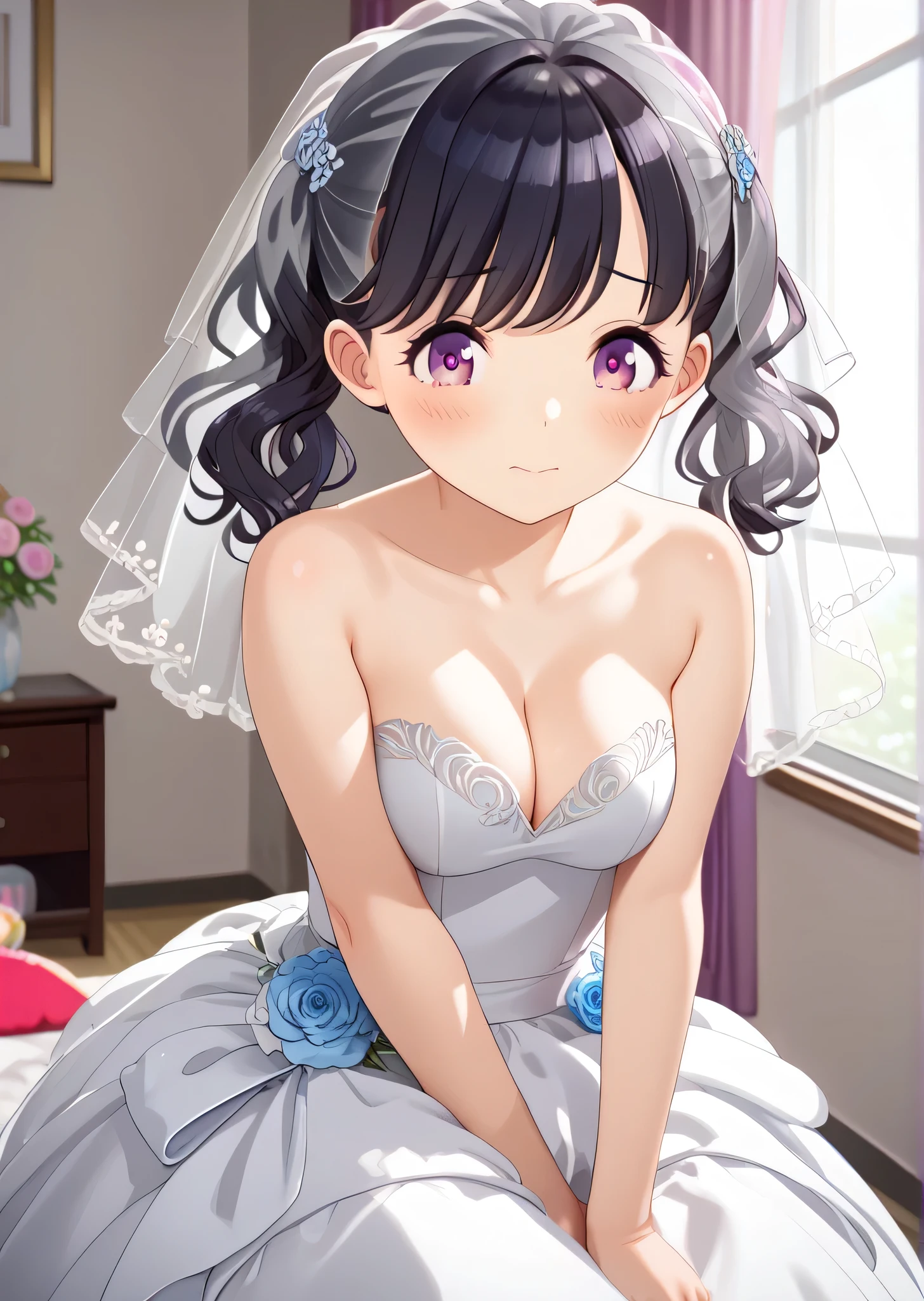 (((best quality))),(unparalleled masterpiece, side light, beautiful beautiful eyes: 1.2), ultra realistic 8k cg, perfect artwork, highly detailed, Mess, super high resolution, very super detailed,(((Fukumaru Koito))),((1 person)), alone,(((purple eyes,fine grain:1.1)),((( Wedding Dress))),bangs, black hair, twintails,flower,medium hair, swept bangs,Perfect hands,rest,(((embarrassed,blush:1.3))),seductive pose,seductive pose,restingslender,hot,cute,perfectly symmetrical face,super cute girl,Super cute face,highly detailed eyes,super fine hair,super cute,very beautiful,room,(((Beautiful breasts: 1.3)))