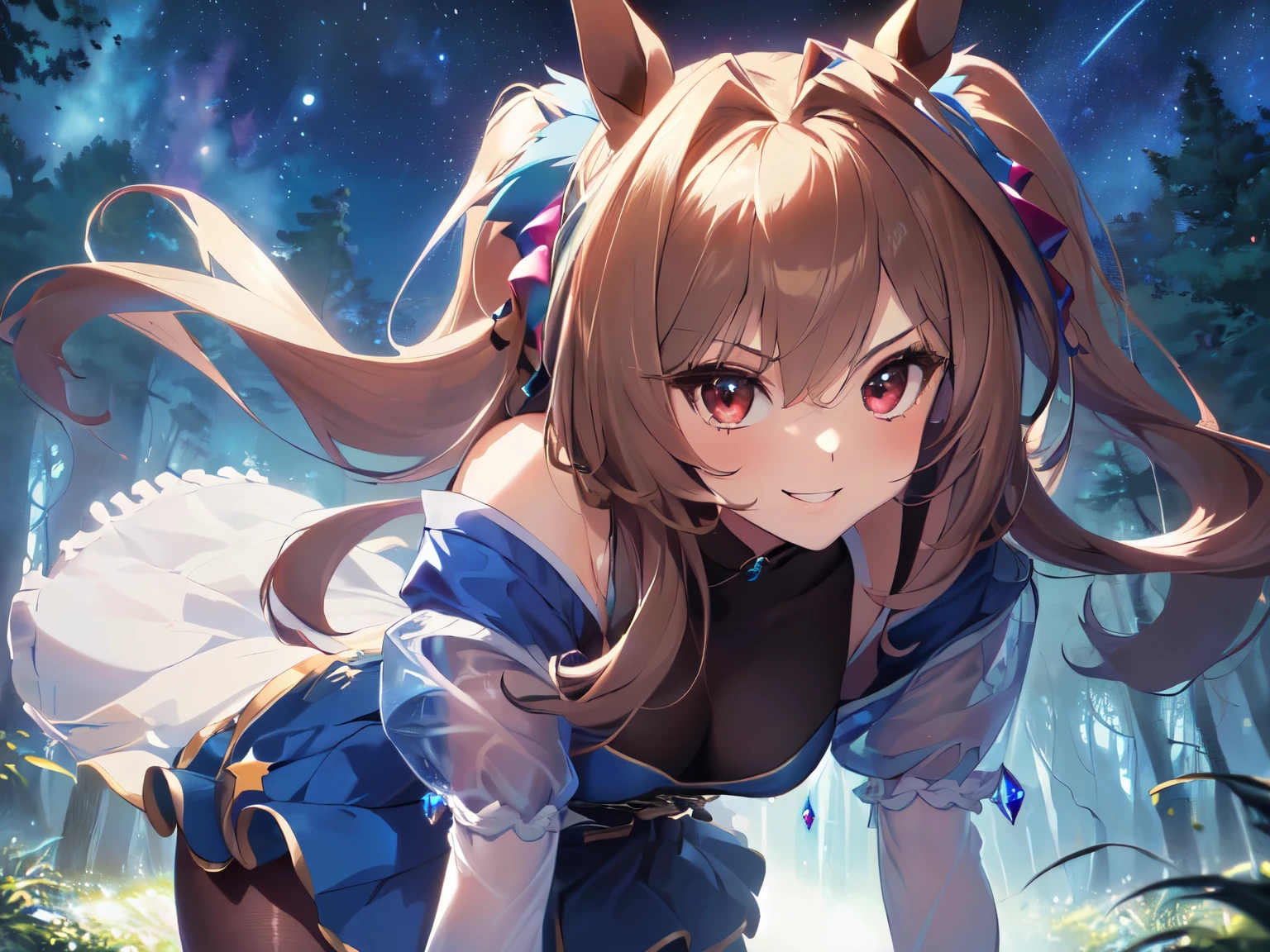 solo、8k、Highest quality、masterpiece、、Beautiful breasts、Adult women、、Shoulder less、Blue knit、pantyhose、
、smile、Touching head with both arms、、Starry Sky、Strong winds、Center of chest