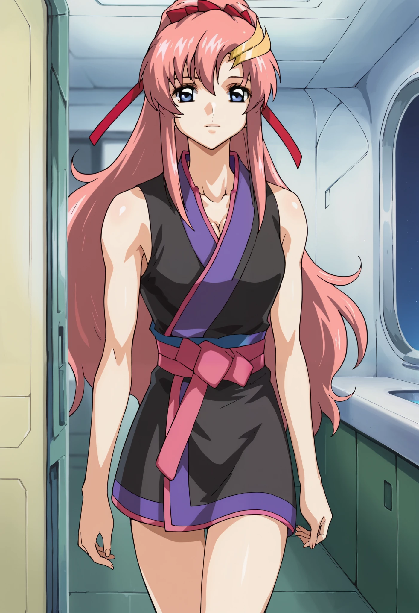 score_9,score_8_up,score_7_up,score_6_up,score_5_up,score_4_up,anime coloring,source_anime,anime,lacusmeer,1girl,solo,blue eyes,pink hair,long hair,ponytail,sidelocks,moon hair ornament,red hair ribbon, (sleeveless black kimono:1.6), standing,indoors,looking_at_viewer, (cleavage:1.0), (biceps:1.0), (bare arms:1.4)