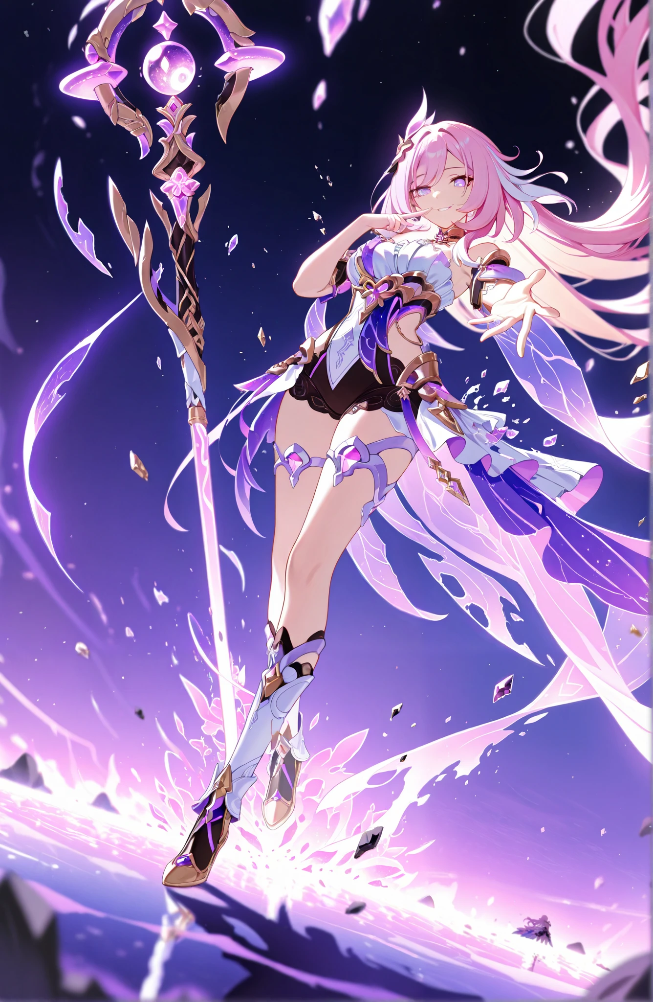 1girl,elysia_(herrscher_of_human:_ego)_(honkai_impact),finger to mouth, long hair, dutch angle, dynamic pose, reaching out, floating hair, disintegrating, dissolving, long shadow, smile, holding giant staff, endless sea, eart, masterpiece, best quality, newest, very aesthetic