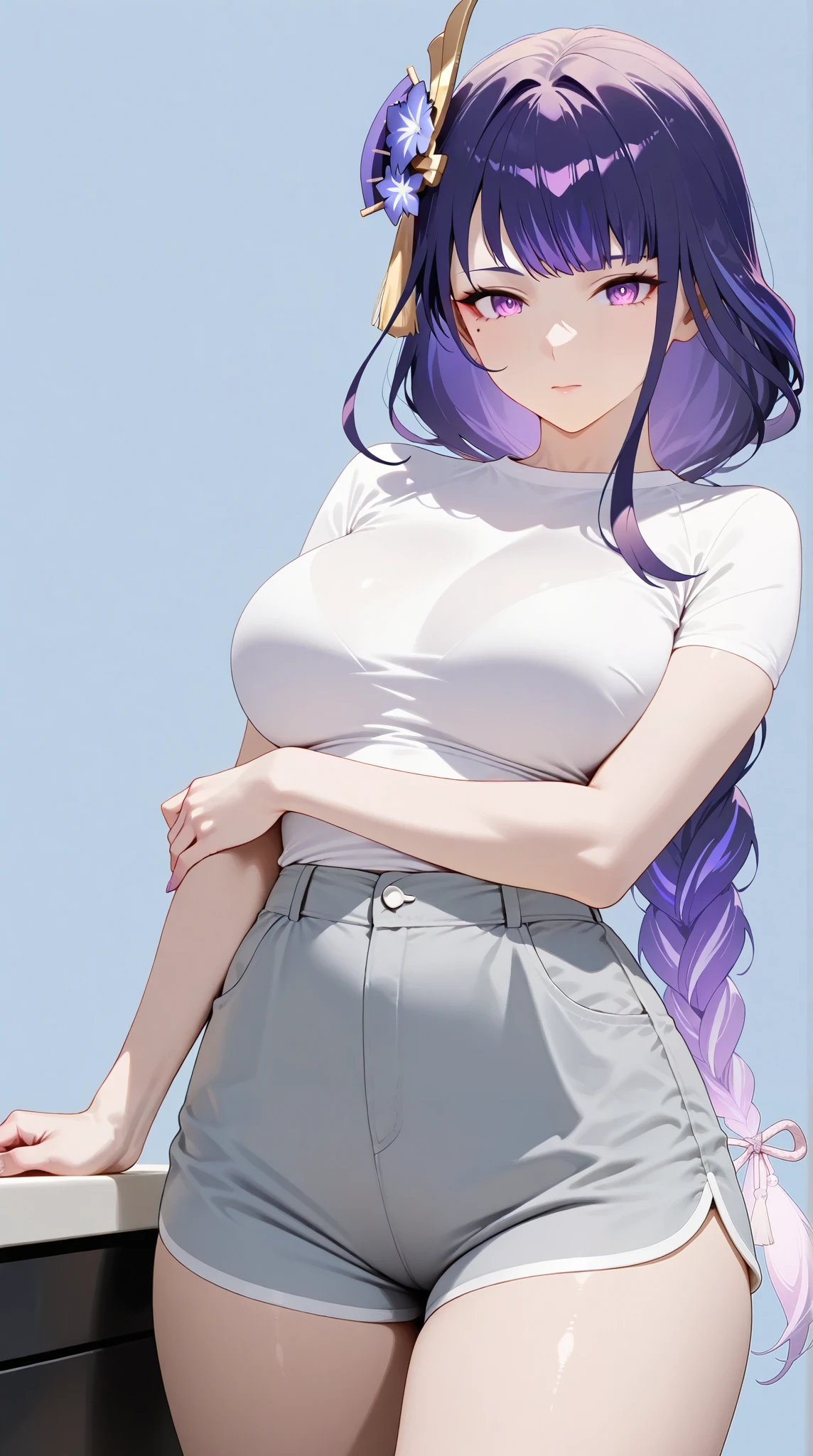 masterpiece, extremely detailed,4k,solo,1girl,adult ,((fullbody)),raiden shogun,slim body, sexy legs,perfect body,perfect skin texture,large breasts,housewife,grey short pants,white tshirt, soft light, high detailed, best quality, upper body,looking at viewers,front look,sexy pose, photography,cowboy shot,((blue plain background))
