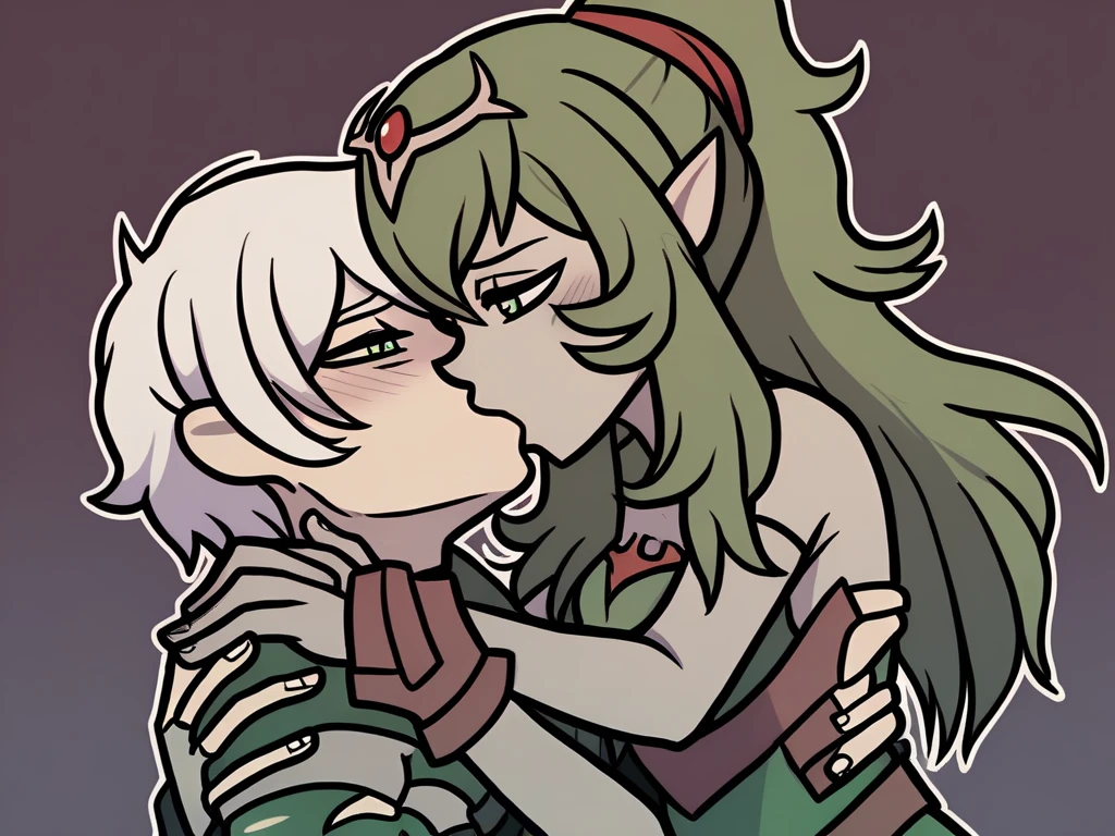 a cartoon drawing of a man and male elf kissing each other, kissing together cutely, kissing together, lovely kiss, hidari and vlop, kisses are wordless spells, kissing each other, marton gyula kiss ( kimagu ), kiss mouth to mouth, high quality fanart, berserk art style, r/art, r /art, r / art
