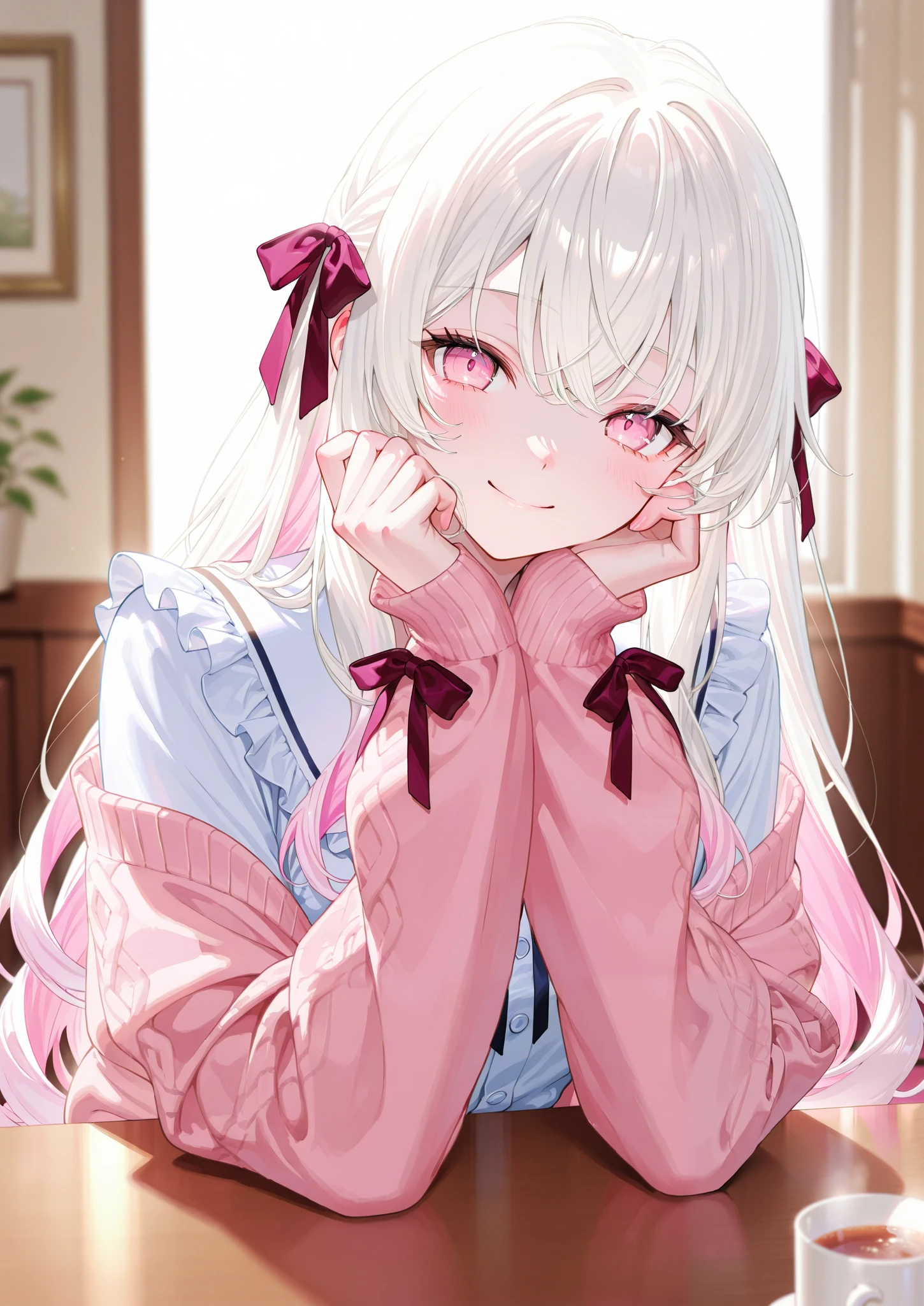 One person、 wave hair、 frill、ribbon、 smile、 watching here、 Masterpiece、 top quality、 blurry background indoors、 depth of field、 natural light、 Soft Lighting 、 detail hair、 white hair、pink inner color hair、 pink eyes、 long hair、 blouse、 Cardigan