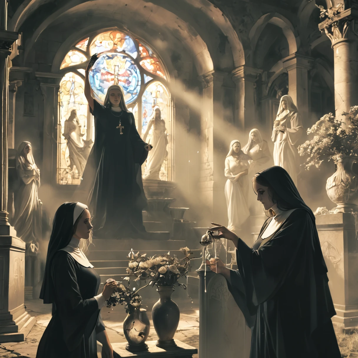 a pair of women in black robes standing next to a vase, mebius and aeon flux, strong line art, floating twin nuns, left and vlop, inspired by uno aquirax, occultist, ritual, blended style of eternal flow, eerie graveyard made of, aeon flux mixed style, pouring