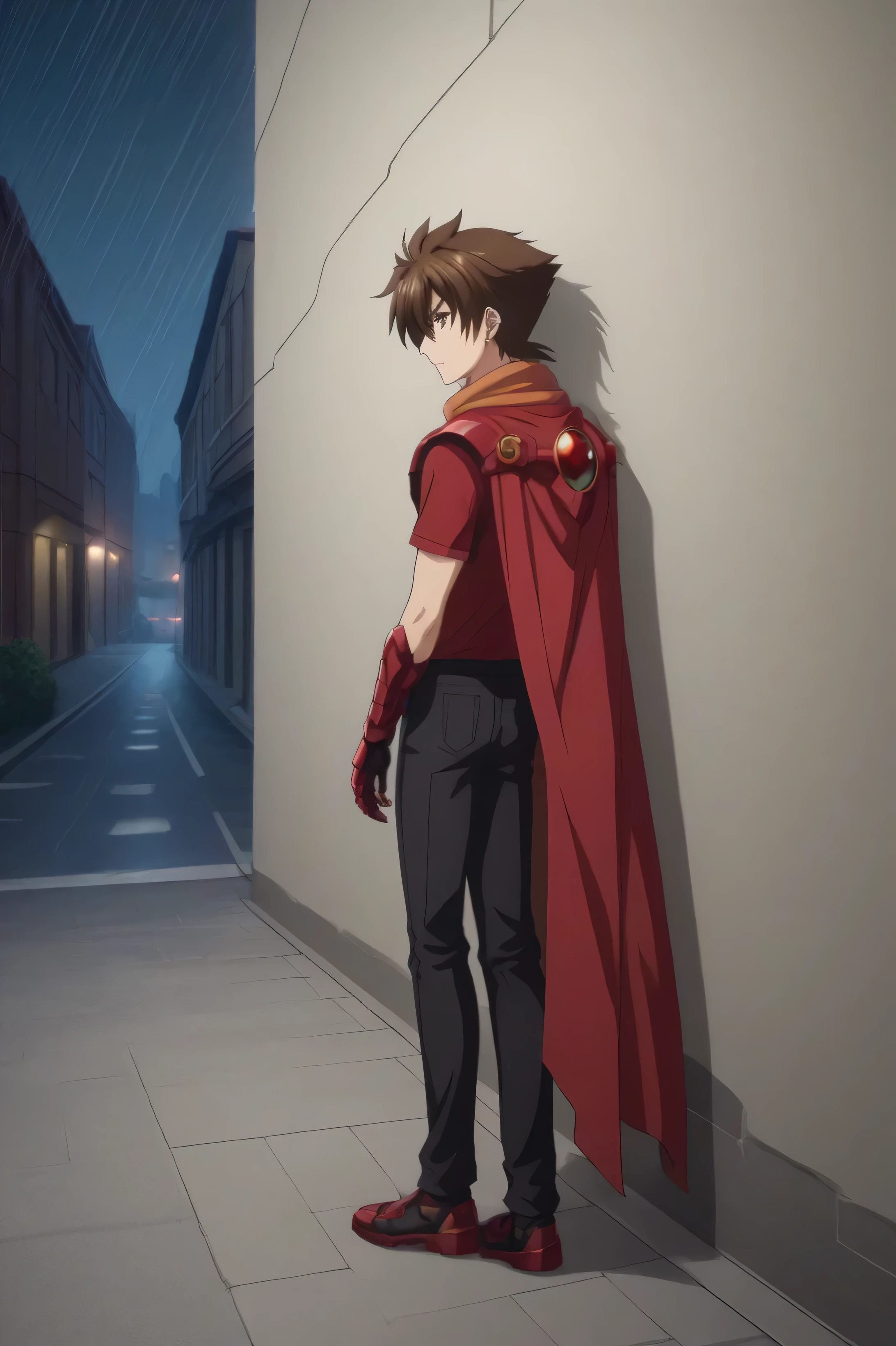 score_9, score_8_up, score_7_up, source_anime, rating_safe, intricate details, anime screencap, anime coloring, official style, dep 1boy, solo, issei_hyoudou, brown hair, brown eyes, hair between eyes, red t-shirt ,short sleeves,scarf on neck,torn crimson cape,slightly ripped black pants,military black boots,boosted gear partial,boosted gear tactical form,boosted gear mouth mask,boosted gear shoulder pads,boosted gear gauntlets,boosted gear knee pads, claws,full body, night,raining,korean city,streets,(wall next to the sidewalk),wall focus,serious expression(panoramic view),standing,looking at wall,face side profile, dragon sharp eye-pupils,
