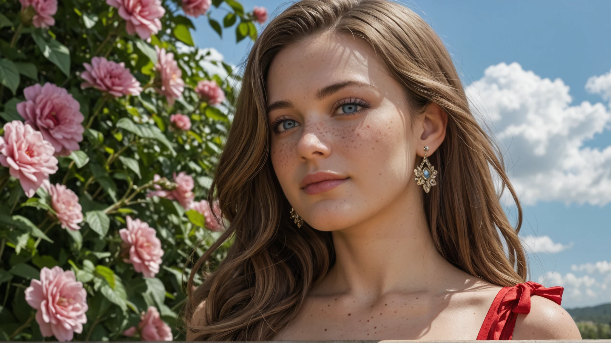 hyperrealistic art (Stable_Yogis_PDXL_Positives,Stable-Yogis-Makeup-Enhancer-XL, score_9, score_8, score_7)
1girl, solo, breasts, jewelry, brown eyes, looking at viewer, outdoors, freckles, earrings, long hair, day, sky, flower, cloud, long red dress, hair ribbon, ribbon, medium breasts, upper body, lipsBlue eyes, Blue eyes,