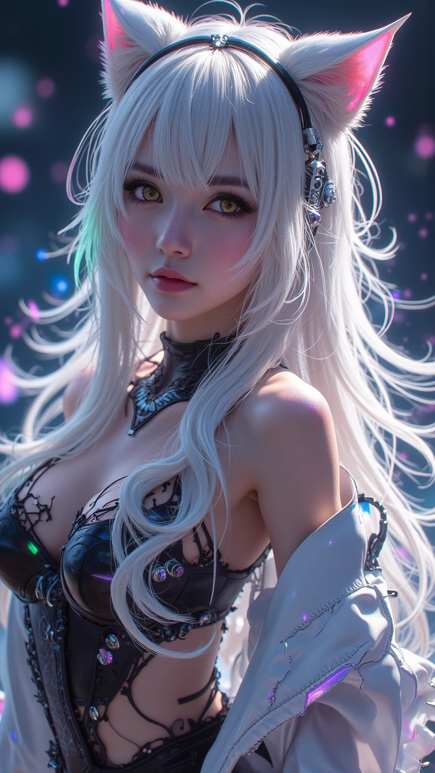 Realistic、(masterpiece、Highest quality、Highest quality、Official Art、Beautiful and aesthetic:1.2)、Very detailed、woman,people々turn black:1.2,((Backlighting:1.2)),Fractal Art、colorful、Highest detail、Tangled、(The background is bright and abstract:1.5)Silver Hair、Bright Eyes、all back、Masseter muscle area,High definition,1peopleの少女、Idol、Close-up、clavicle、picture、movie、Depth of written boundary、Jito Order、Eyes from below,Long Hair,View your viewers、Cleavage,((surrealist clothes:1.4)),Puffy eyes,Sit on,(Big Breasts)