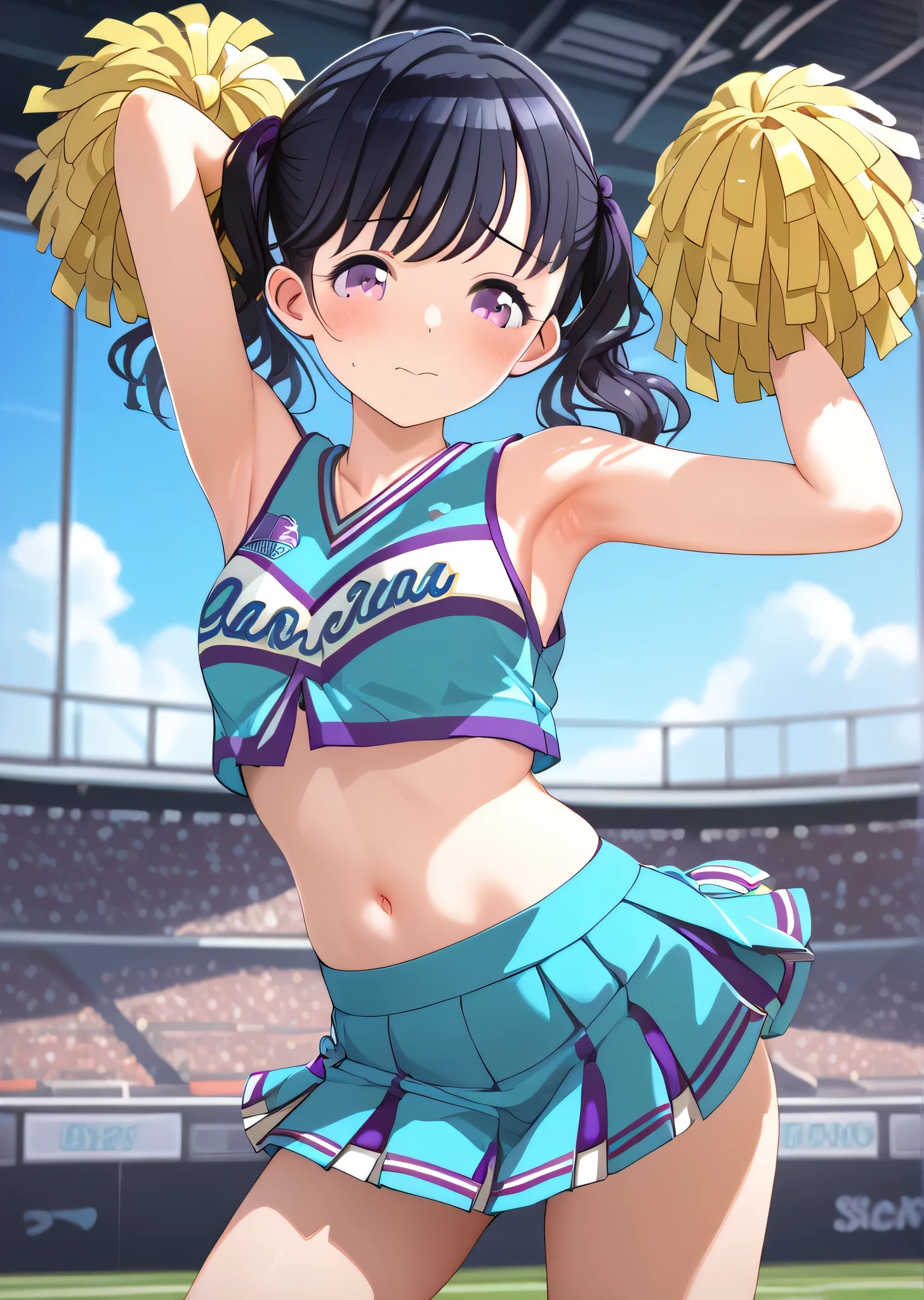 (((best quality))),(unparalleled masterpiece, side light, beautiful beautiful eyes: 1.2), ultra realistic 8k cg, perfect artwork, highly detailed, Mess, super high resolution, very super detailed,(((Fukumaru Koito))),((1 person)), alone,(((purple eyes,fine grain:1.1)),(((cheerleader, clothes writing, crop top, sleeveless shirt, midriff, miniskirt, pleated skirt, holding pom poms))),bangs, black hair, twintails,flower,medium hair, swept bangs,Perfect hands,((armpits)),rest,(((embarrassed,blush:1.3))),seductive pose,seductive pose,restingslender,hot,cute,perfectly symmetrical face,super cute girl,Super cute face,highly detailed eyes,super fine hair,super cute,very beautiful,room,(((Beautiful breasts: 1.3)))
