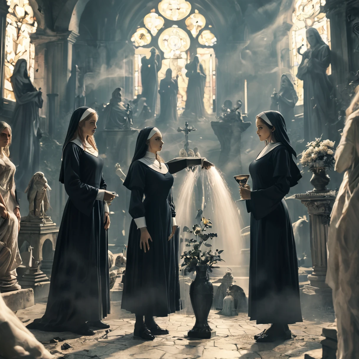 a pair of women in black robes standing next to a vase, mebius and aeon flux, strong line art, floating twin nuns, left and vlop, inspired by uno aquirax, occultist, ritual, blended style of eternal flow, eerie graveyard made of, aeon flux mixed style, pouring