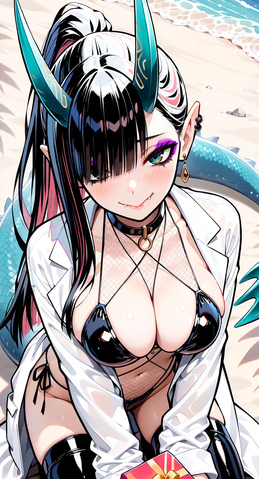 mature female, mature, Adult, himeno, himeno(Chainsaw Man), 1girl, black hair, short hair, eyepatch, solo, blush, phone, octopus symbol, seductive smile, grin, aroused, in heat, nsfw, steam, breath, sweat, drooling, Villains, chest, View your audience, latex purple bikini under the slimy pink tentacle coat, Night cave, Night waterfall, Dark, masterpiece, Top animation quality,Top image quality,