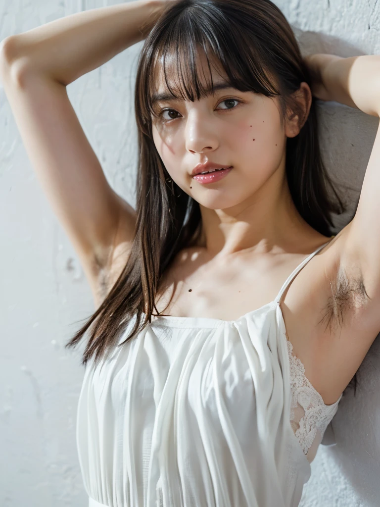1girl, (Japanese girl, hands behind head, hairy armpit exposed), ((white camisole dress, lace)), (flat chest:1.3), (hairy armpits:1.4, armpit hair:1.4), pale skin:1.2, white wall, studio lighting, Realistic, (real picture, Intricate details), natural skin texture:1.5