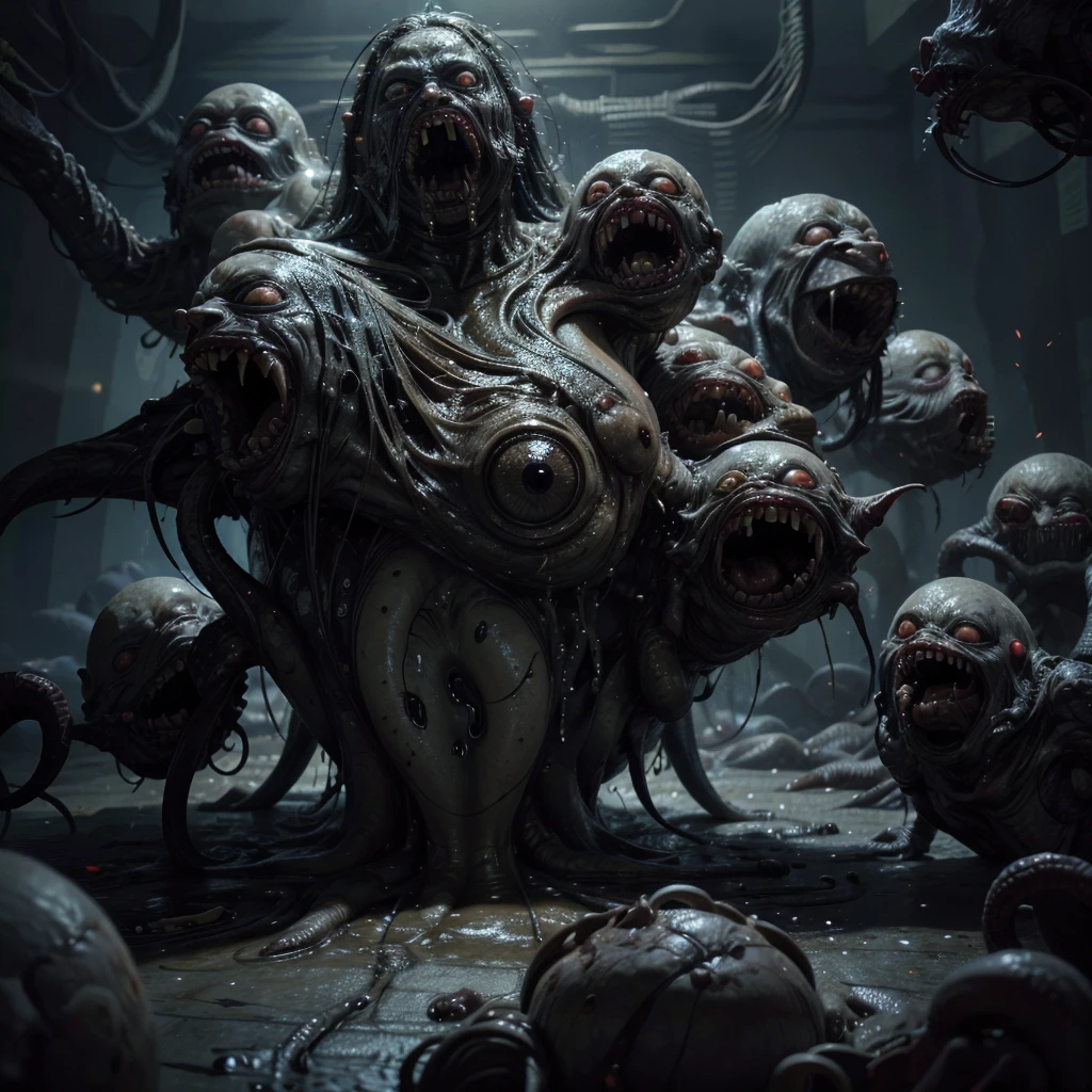 U61yCre4ture, fat man with fish headed, big eye bulged, six hands, heavy rain, creepy smile, flooded road, with very eyecatching color, city sewer