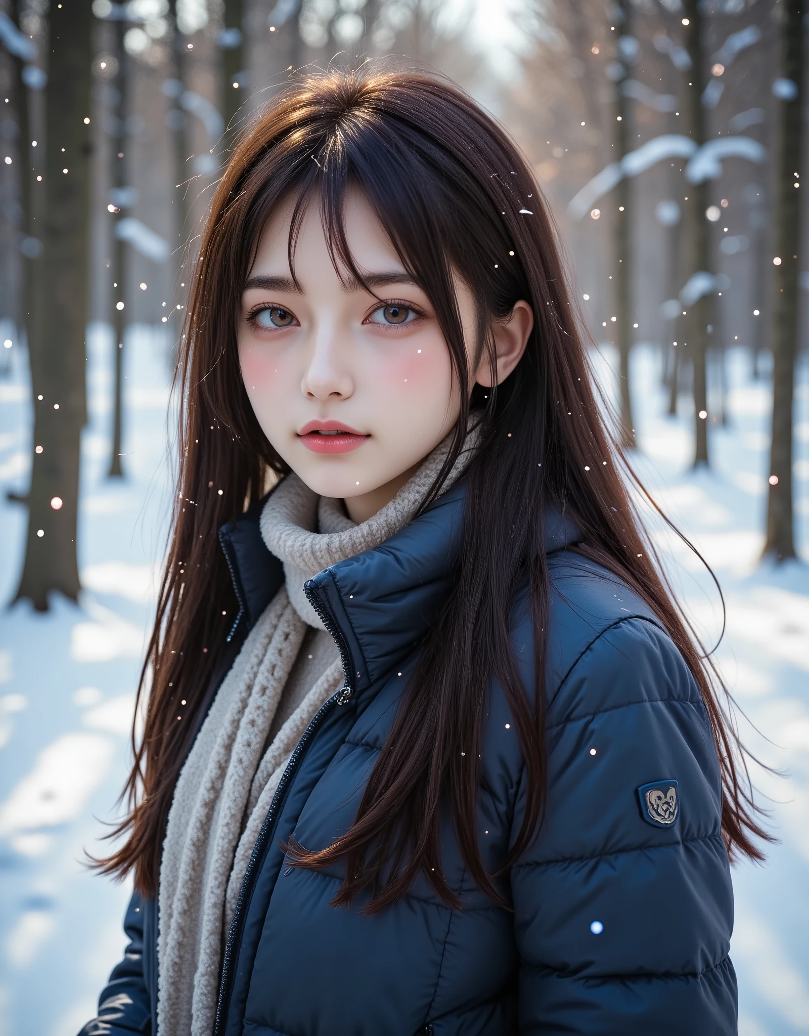 (Canon), (EOS R5), (50mm), (No lens flare  :1.5), (超 Hi-Res), ( Masterpiece),  accurate,( by Nomiな質感の肌),  super detailed,  high detail,  high quality ,  Award-winning work , 最 high quality,32K,  depth of field,  digital camera,  Award-winning Glamour Photos  ,  professional lighting, (NSFW), ((最 high quality:1.5)), (( Masterpiece:1.5)), (( by Nomi)),  Hi-Res, ( very beautiful and cute one Japanese woman ), (( upper body shot  :1.5)), ((綺麗で beautiful,  18 year old Japanese)), (( high school girl)), 綺麗でFluffyの black hairロングヘアー,  very sexy,  charming beauty,  seductive pose holding hands, Height: 160cm,  slim figure,  beautiful shaped big bust  , E Cup, ( beautiful, Fluffy,  black hair,  medium hair :1.5), (( very cute smile with little teeth visible :1.5)),  beautiful金のリアルなイヤリング,  detailed facial features, (Extremely detailed and realistic skin :1.5), (( Extremely Detailed Realistic Eyes :1.5)), ((極めて beautiful瞳 :1.5)), (( Extremely Detailed, Long, Beautiful Lashes :1.5)), ((Extremely detailed and beautiful eyebrows :1.5)), (( Extremely Detailed, Attractive, and Moisturized Lips :1.5)), (( white teeth beautifully arranged )),  very detailed, Snapshot,  Natural Soft Light , In a snowy forest , ((ロングの青色のダウンコートを羽織っている beautiful女性)), (( Full nudity under the down coat )), ( My skin is slightly red due to the cold ), (( I can see a beautiful bust that is in a realistic shape )), ((Beautiful nipples and slightly larger areolas )), (( I can see real female genitals)), (( Tight stomach and belly button visible )), ((Excessive pubic hair)),  dancing gesture , Depiction of light, it's snowing,  white breath coming out of her mouth , 天使のような可愛くて beautiful顔, round face, Double eyelids, Big brown eyes, Beautiful irises,  beautiful black hair,A warm and happy expression , Embarrassingly red cheeks, ((Navy blue wool hat )), (( wearing a warm and stylish dark blue winter scarf around her neck)), (( wearing brown long boots for snowy roads )), ((Wearing brown leather gloves )),  beautiful自然を描いた,Outdoors, (最 high quality,​masterpiece:1.3,  超 Hi-Res), ( very detailedな, caustics),  Hi-Resで人間の皮膚,  natural skin texture , Uses natural light and colors,( depth of field,  Color Difference, Wide-area lighting, Natural Shading), (昼間のOutdoors:1.4), ((チラチラと it's snowing:1.5)), ( I have a little snow piled up on my hat, coat, and hair :1.2), (Reflective Snow:1.2), (( dynamic angle ))